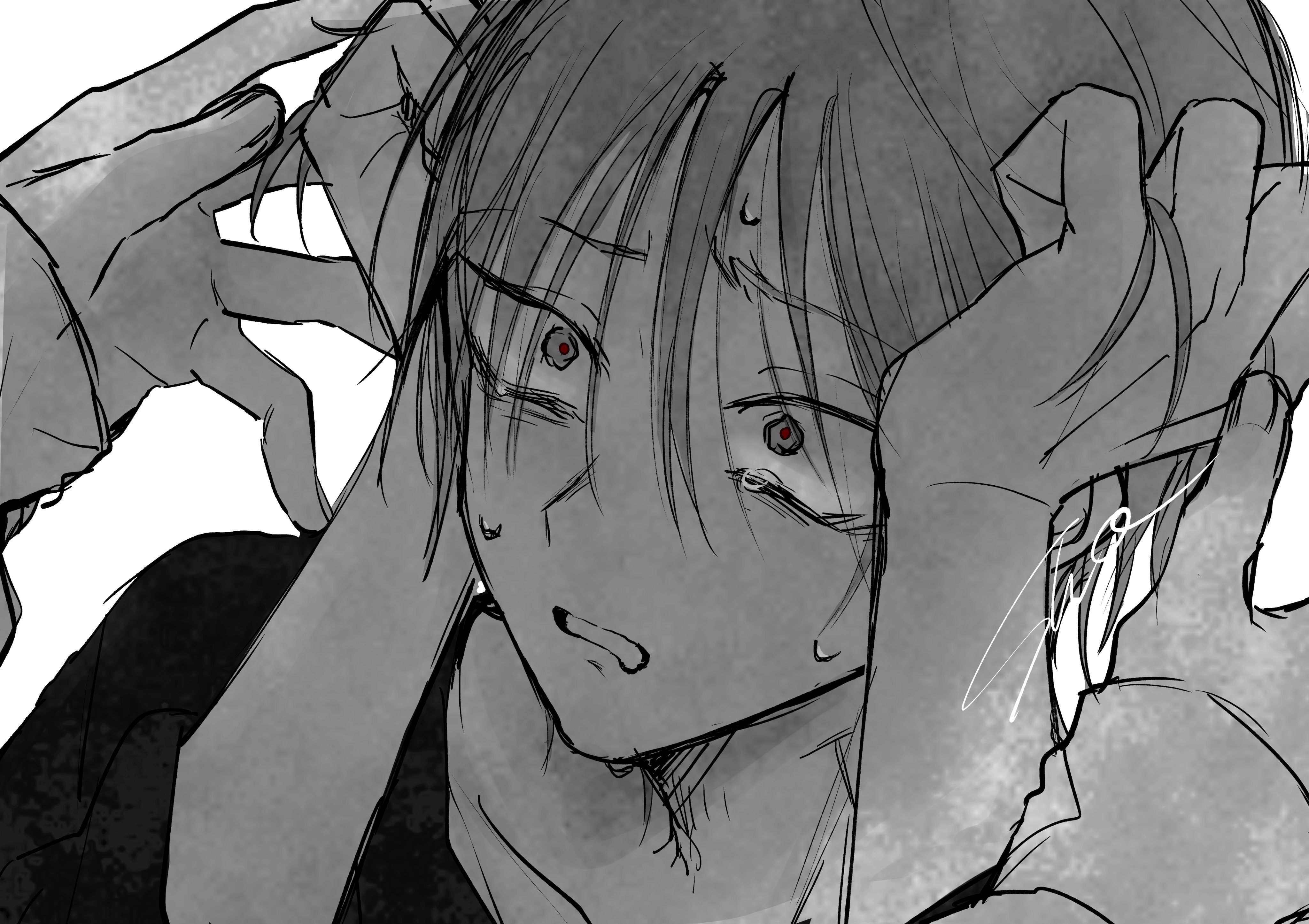 sho (shoootaya), ivan (alien stage), till (alien stage), alien stage, absurdres, commentary request, highres, 2boys, hands on own head, male focus, multiple boys, red pupils, short hair, signature, solo focus, spot color, sweat