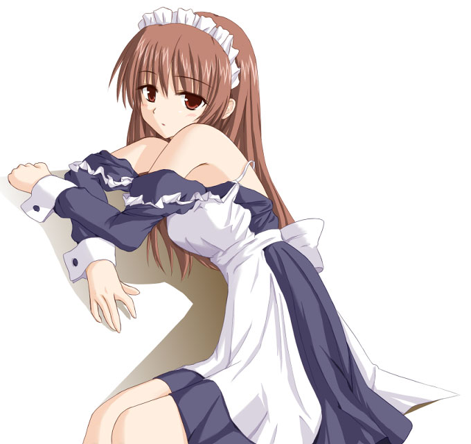 airi (ukagaka), ukagaka, 1girl, bare shoulders, brown eyes, brown hair, female focus, maid, off shoulder, simple background, solo, undressing
