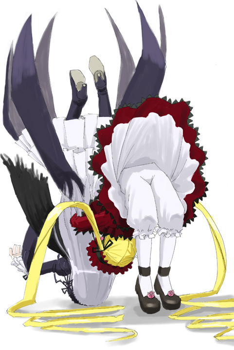 shinku, suigintou, rozen maiden, 00s, bloomers, dress, flower, frills, german suplex, long hair, mary janes, rose, shoes, suplex, underwear, white bloomers, wrestling