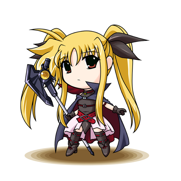 bardiche (device form) (nanoha), bardiche (nanoha), fate testarossa, fate testarossa (original form), lyrical nanoha, mahou shoujo lyrical nanoha, 00s, 1girl, black thighhighs, blonde hair, chibi, chibi only, female focus, miniskirt, skirt, solo, thighhighs, twintails