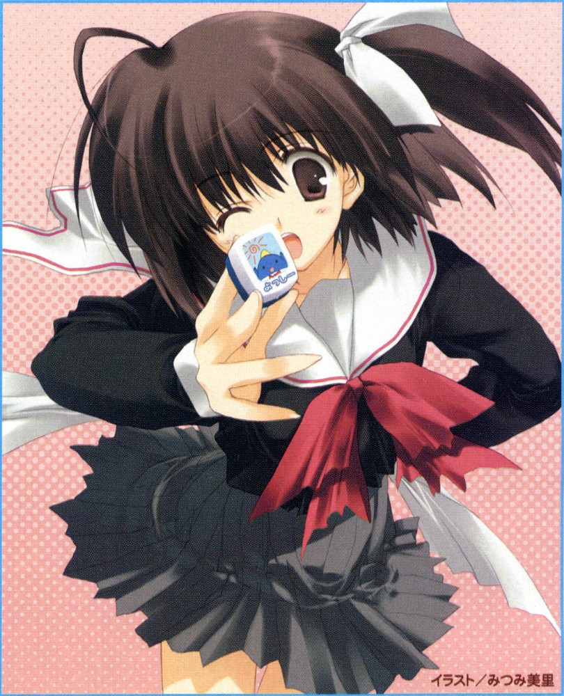 mitsumi misato, kida emiri, yoshio (leaf), tenshi no inai 12-gatsu, 1girl, bird, board game, brown eyes, brown hair, female focus, holding, holding mahjong tile, mahjong, mahjong tile, one eye closed, penguin, pleated skirt, school uniform, serafuku, short hair, skirt, solo, wink