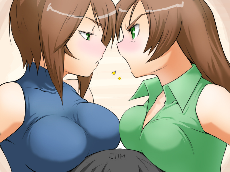 sakurada jun, souseiseki, suiseiseki, rozen maiden, 00s, 1boy, 2girls, aged up, breast press, breast rest, breasts, breasts on head, heterochromia, large breasts, long hair, medium breasts, multiple girls, short hair, siblings, sisters, symmetrical docking, twins, very long hair