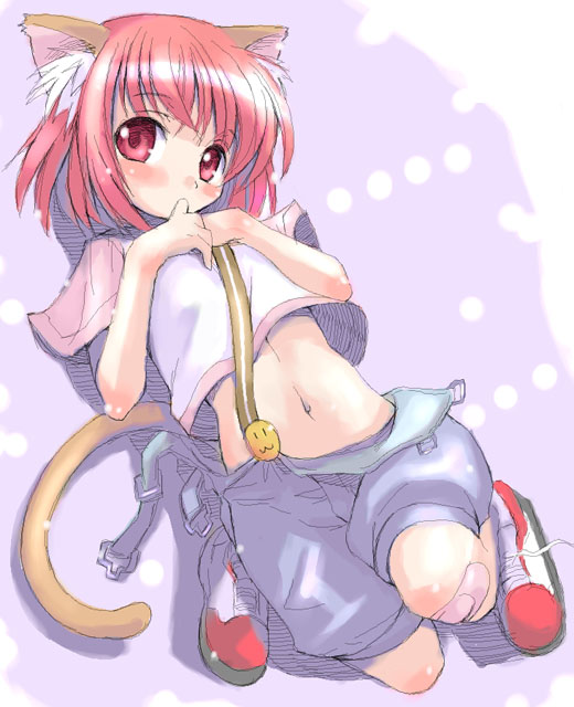 hisakawa chin, original, biting finger, 1girl, animal ears, bandaid, bandaid on knee, bandaid on leg, biting, borrowed character, cat ears, cat tail, female focus, full body, looking at viewer, lying, midriff, on back, overall shorts, overalls, red eyes, red hair, shoes, short hair, short sleeves, sneakers, solo, tail, thumb sucking