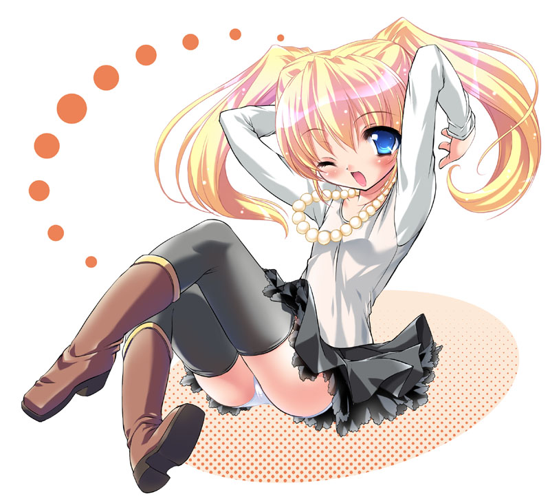 sorimura youji, black thighhighs, blonde hair, blue eyes, boots, flat chest, lingerie, loli, loli fashion, long hair, long sleeves, miniskirt, one eye closed, panties, pantyshot, petticoat, school uniform, serafuku, shirt, sitting, skirt, solo, thighhighs, twintails, underwear, white panties, wink