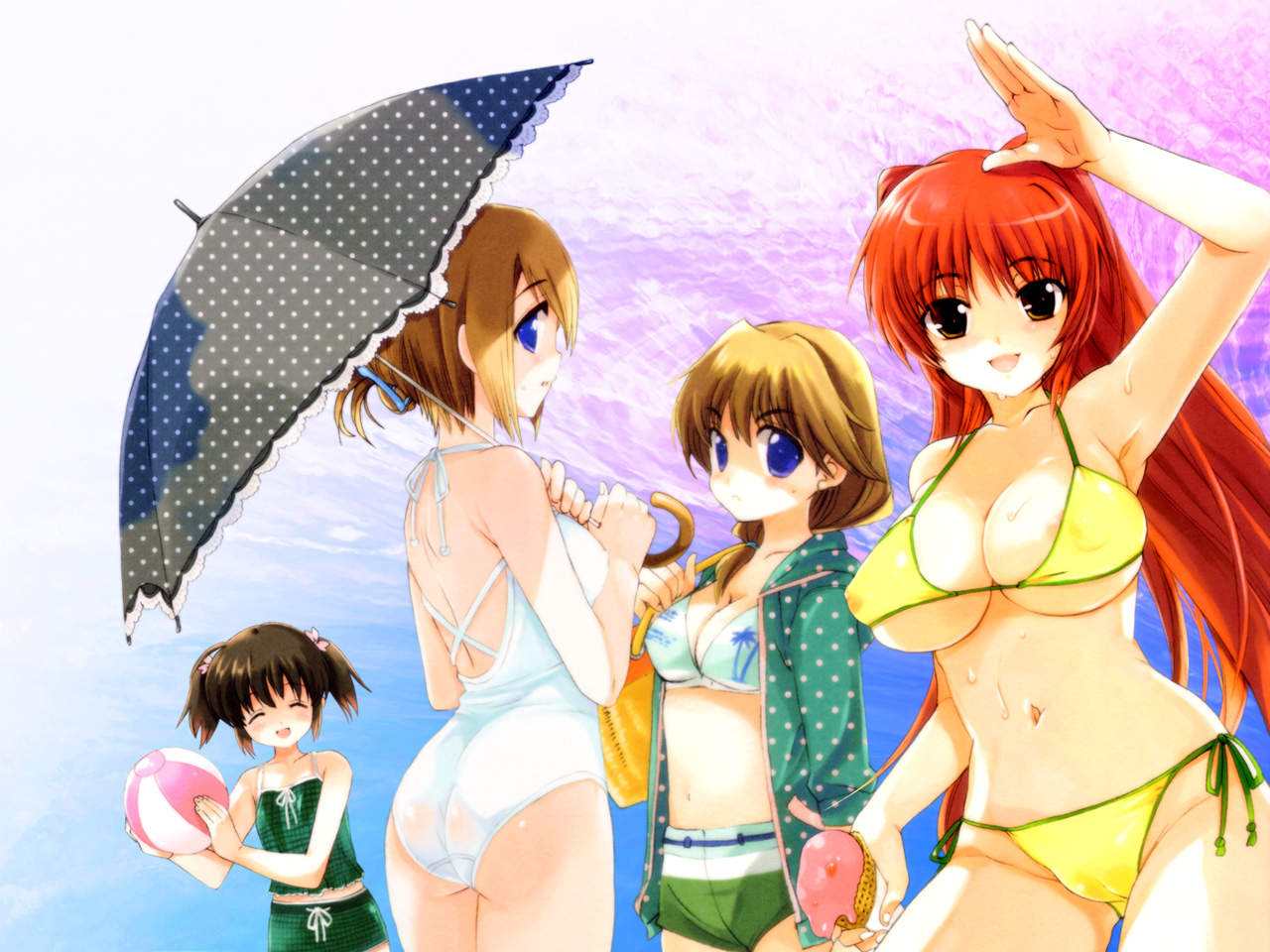 qp:flapper, komaki ikuno, komaki manaka, kousaka tamaki, yuzuhara konomi, to heart (series), to heart 2, 00s, 4girls, ass, back, ball, beachball, bikini, blue eyes, breasts, brown eyes, brown hair, cleavage, closed eyes, covered erect nipples, folded ponytail, huge breasts, multiple girls, red hair, swimsuit, umbrella
