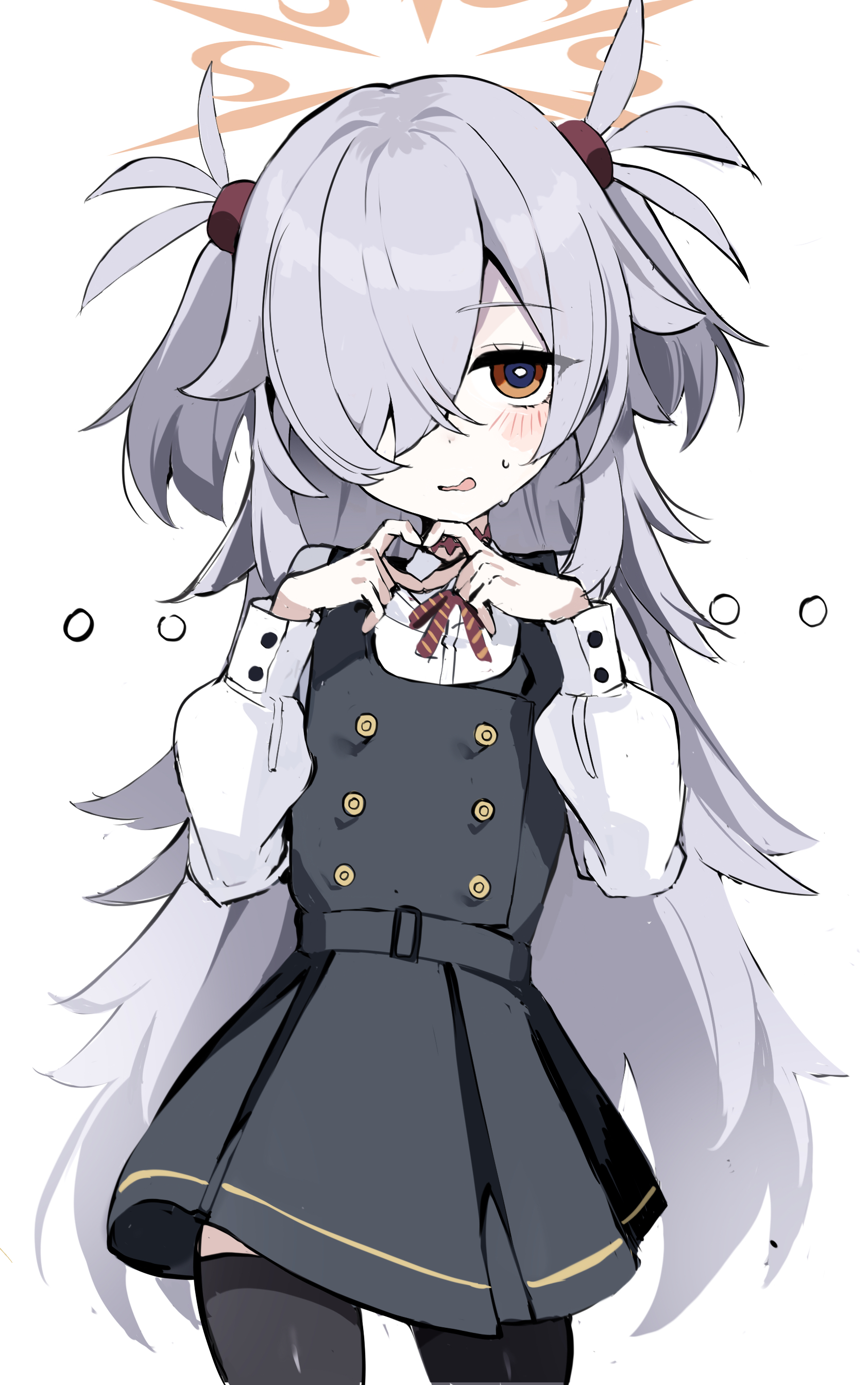cotama, kanoe (blue archive), blue archive, absurdres, highres, 1girl, black thighhighs, dress, grey hair, hair over one eye, halo, heart, heart hands, long hair, long sleeves, simple background, sleeveless, sleeveless dress, solo, thighhighs, two side up, white background