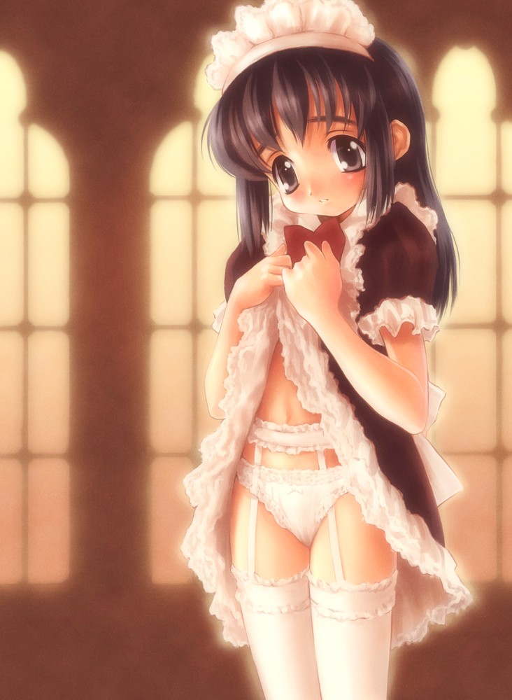 goto p, 1girl, black eyes, black hair, bow, bow panties, clothes lift, dress, dress lift, female focus, frilled panties, frills, garter belt, garter straps, headdress, lace, lace-trimmed panties, lace trim, lingerie, long hair, maid, panties, petticoat, skirt, skirt lift, solo, standing, thighhighs, underwear, white panties, white thighhighs