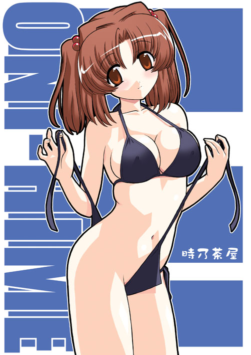 tokino, kannagi youko, ukagaka, 1girl, bikini, black bikini, breasts, brown hair, female focus, orange eyes, side-tie bikini bottom, solo, swimsuit, twintails, untied bikini