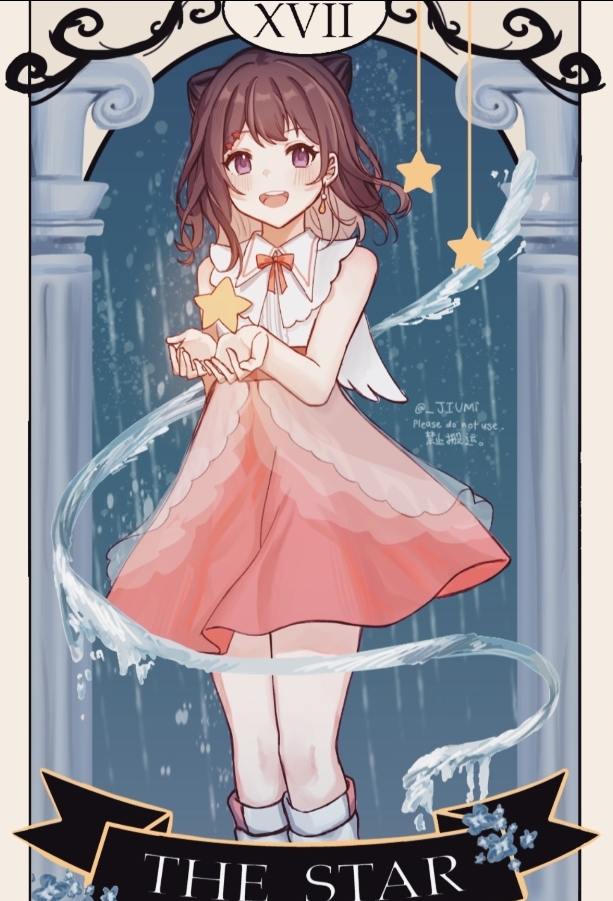 toyama kasumi, bang dream!, commentary, commentary request, english commentary, mixed-language commentary, 1girl, brown hair, card (medium), cone hair bun, hair bun, jiumi, medium hair, open mouth, pink skirt, purple eyes, shirt, skirt, sleeveless, sleeveless shirt, solo, star (symbol), tarot, tarot (medium), teeth, upper teeth only, white shirt