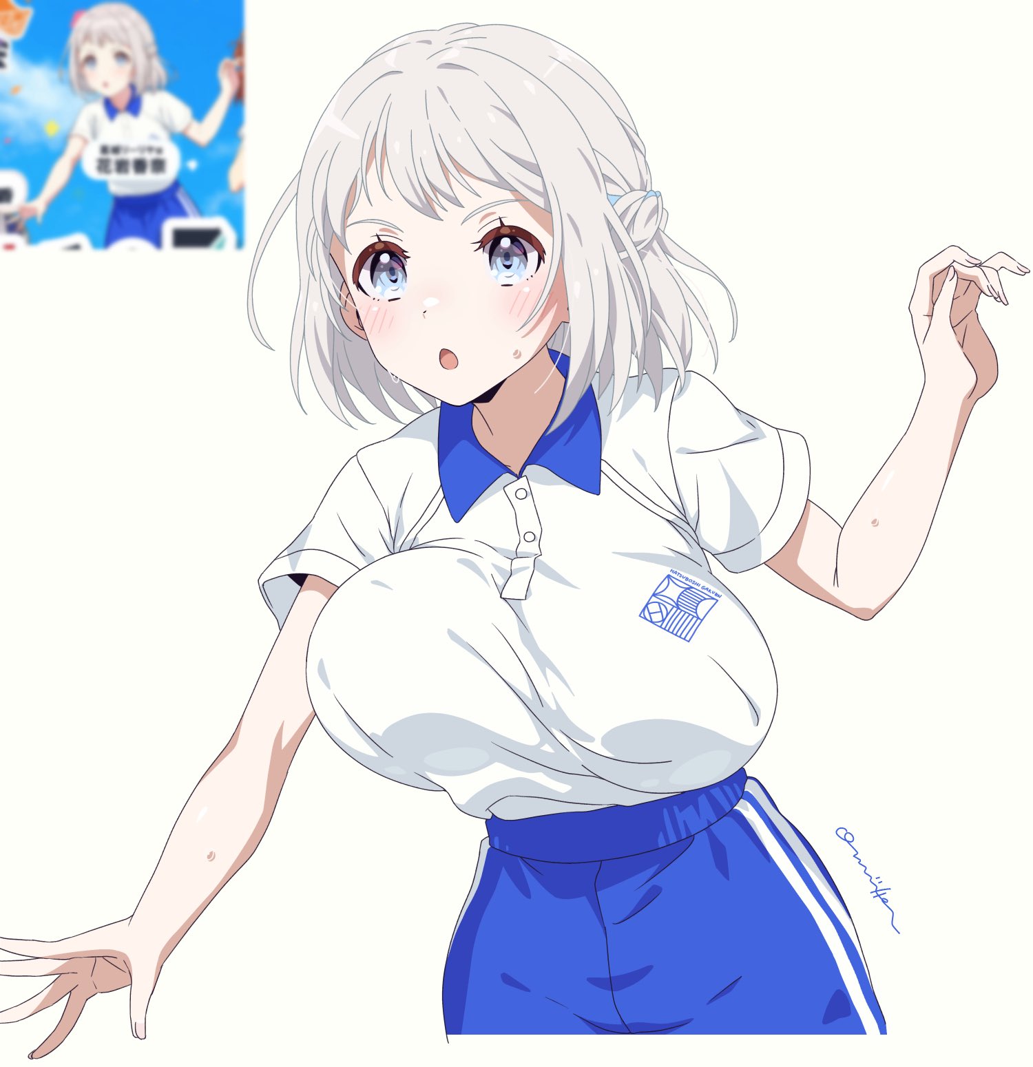 oomura karasu, katsuragi lilja, gakuen idolmaster, idolmaster, highres, 1girl, :o, alternate breast size (larger), blue collar, blue eyes, blue shorts, blush, bouncing breasts, braid, breasts, buttons, collar, collared shirt, covered erect nipples, emblem, gym uniform, large breasts, open mouth, outstretched arm, screenshot inset, shirt, shirt tucked in, short hair, short sleeves, shorts, signature, simple background, sweat, unaligned breasts, white background, white hair, white shirt