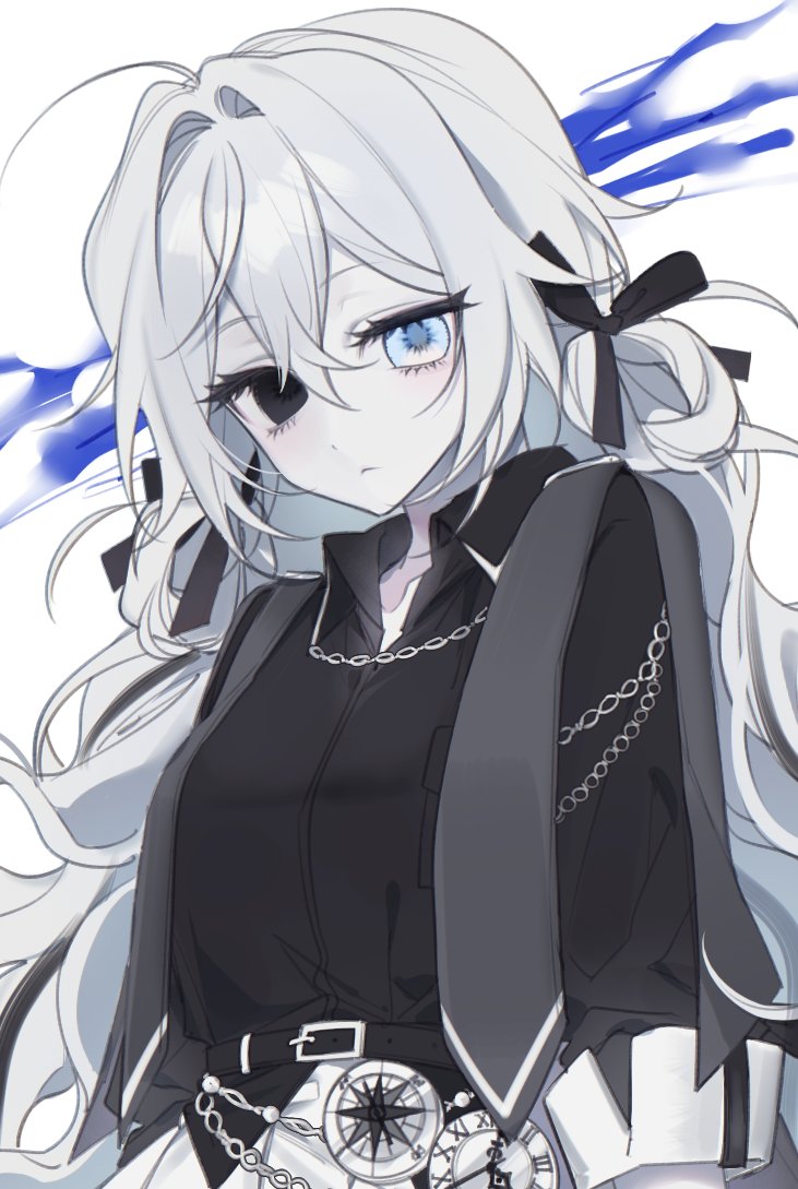 1girl, belt, blue eyes, blush, bluv d, chain, chained, closed mouth, cuffs, hair between eyes, hair ribbon, handcuffs, jacket, long hair, looking at viewer, ribbon, shirt, solo, upper body, very long hair, white background