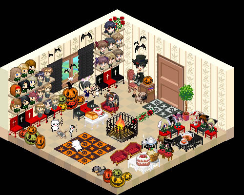 chimaro, fukuzawa yumi, hasekura rei, nijou noriko, shimazu yoshino, toudou shimako, maria-sama ga miteru, lowres, 00s, 6+girls, bat (animal), cat, chair, chibi, chibi only, couch, dog, doll, everyone, figure, fire, food, indoors, isometric, multiple girls, pixel art, plant, pumpkin, teapot, window