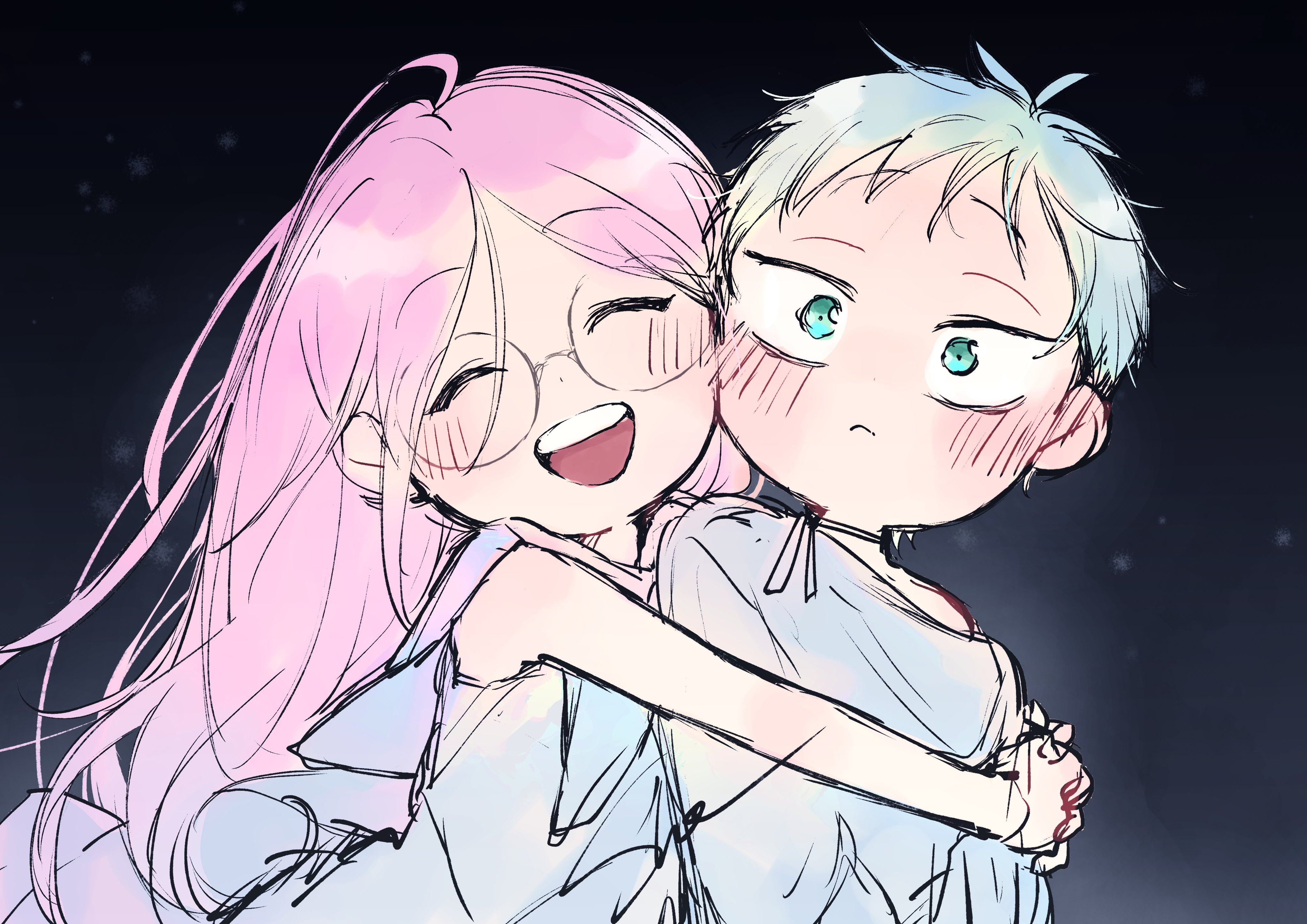 sho (shoootaya), mizi (alien stage), till (alien stage), alien stage, absurdres, commentary request, highres, 1boy, 1girl, aged down, blush, glasses, green eyes, grey hair, hug, long hair, open mouth, round eyewear, short hair, smile, very short hair
