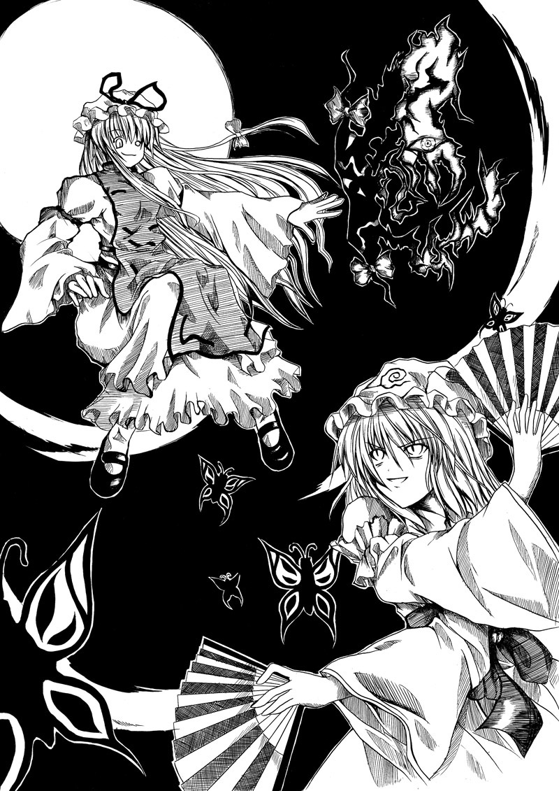 kirisaki byakko, saigyouji yuyuko, yakumo yukari, touhou, 2girls, bug, butterfly, dress, dual wielding, female focus, floating, folding fan, gap (touhou), greyscale, hand fan, holding, insect, looking up, monochrome, multiple girls, serious, smile, tabard