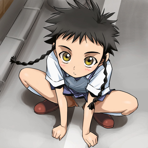 haruyama kazunori, minagi mikoto, my-hime, lowres, 00s, 1girl, black hair, blush, braid, female focus, miniskirt, panties, pantyshot, shirt, shoes, short hair, sitting, skirt, socks, solo, squatting, twin braids, underwear, white panties, yellow eyes
