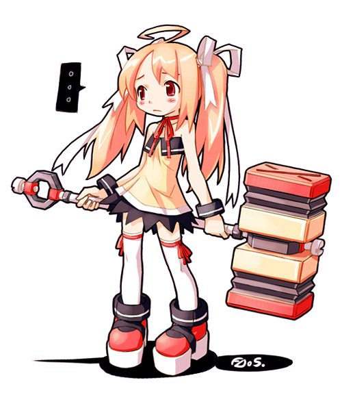 bailknight, original, 1girl, blonde hair, eyebrows hidden by hair, female focus, hammer, long hair, simple background, solo, speech bubble, thighhighs, twintails, white background, white thighhighs