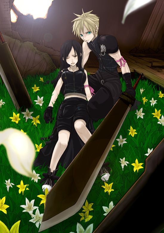 ayakura juu, cloud strife, tifa lockhart, final fantasy, final fantasy vii, final fantasy vii advent children, 00s, 1990s (style), 1boy, 1girl, alternate costume, black hair, blonde hair, blue eyes, brown eyes, church, couple, flower, hetero, one eye closed, retro artstyle, ribbon, shorts, sword, weapon