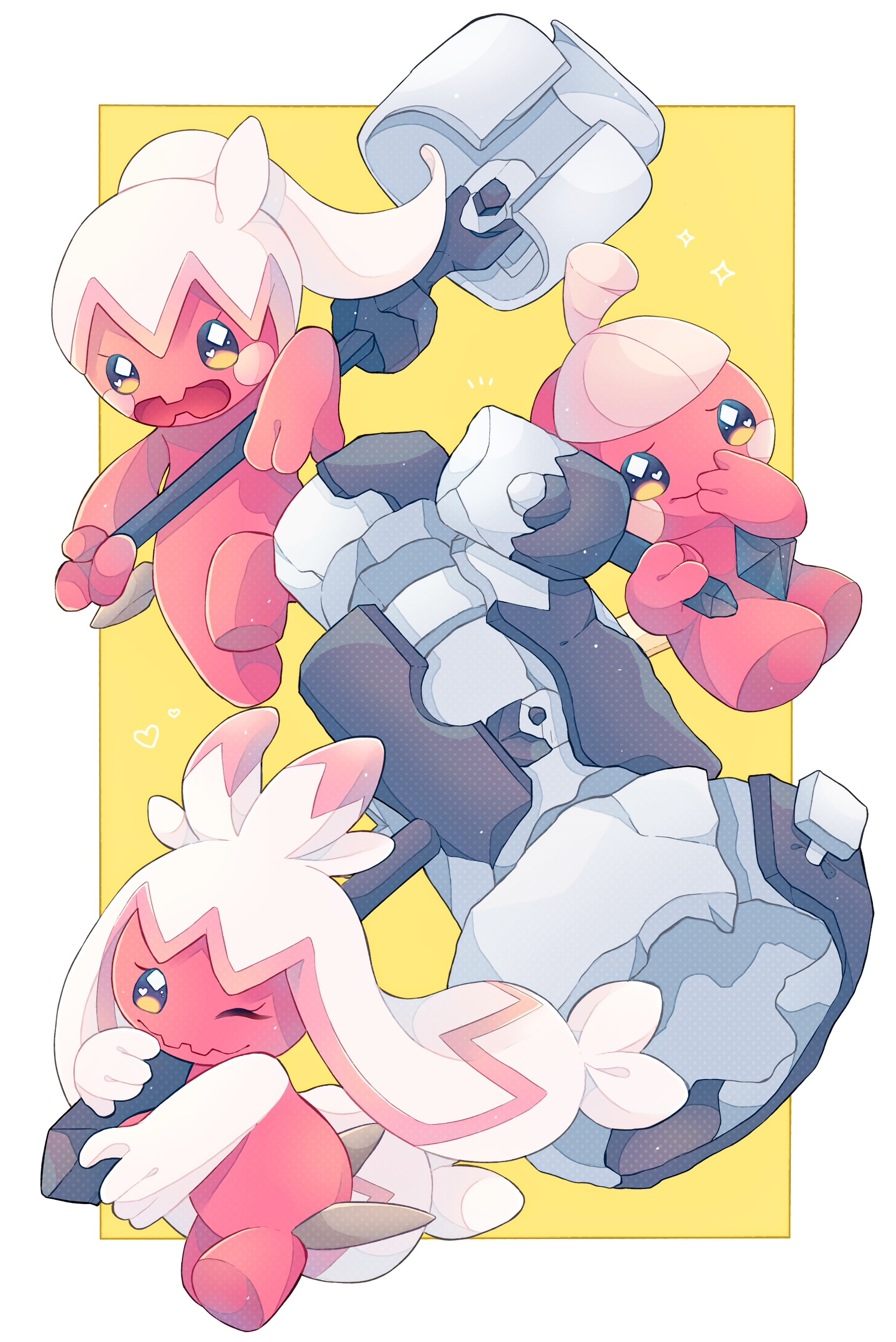 26tumugi, tinkatink, tinkaton, tinkatuff, nintendo, pokemon, absurdres, highres, 3girls, border, diamond-shaped pupils, diamond (shape), full body, hammer, holding, holding hammer, multiple girls, one eye closed, open mouth, pokemon (creature), rattle, simple background, symbol-shaped pupils, white border