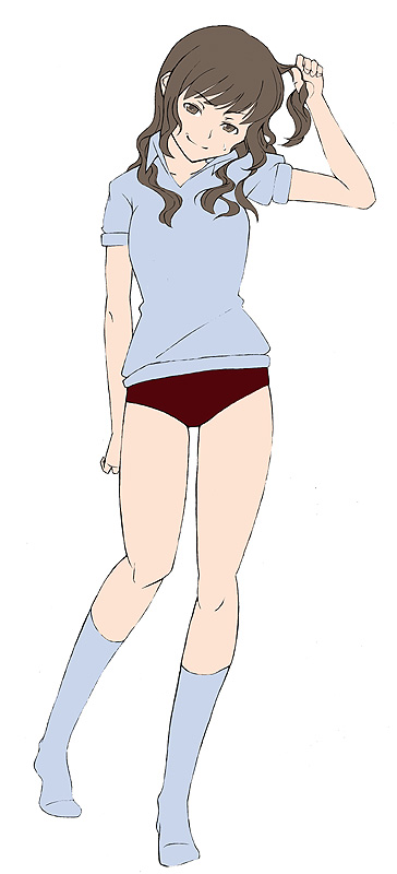 araki yuuya, mizusawa mao, kimi kiss, 1girl, buruma, female focus, gym uniform, hair down, simple background, socks, solo, white background
