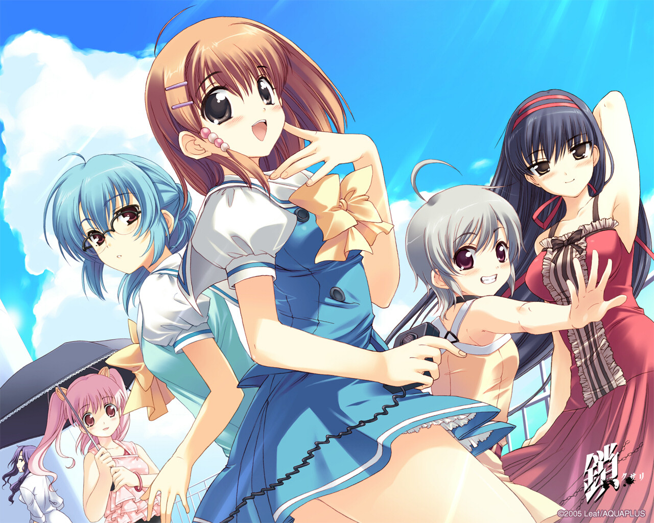 ohara tometa, sakura koharu, ayanobe karen, ayanobe tamami, katagiri megumi, kouzuki chihaya, orihara akeno, orihara shino, kusari, silver hair, official art, official wallpaper, 6+girls, ahoge, armpits, black eyes, black hair, blue hair, blush, bow, brown eyes, brown hair, center frills, choker, cloud, day, dress, everyone, frills, glasses, hair ornament, hairband, hairclip, long hair, multiple girls, open mouth, outdoors, pink eyes, pink hair, purple eyes, purple hair, school uniform, serafuku, short hair, siblings, sisters, smile, twintails, umbrella, yellow bow