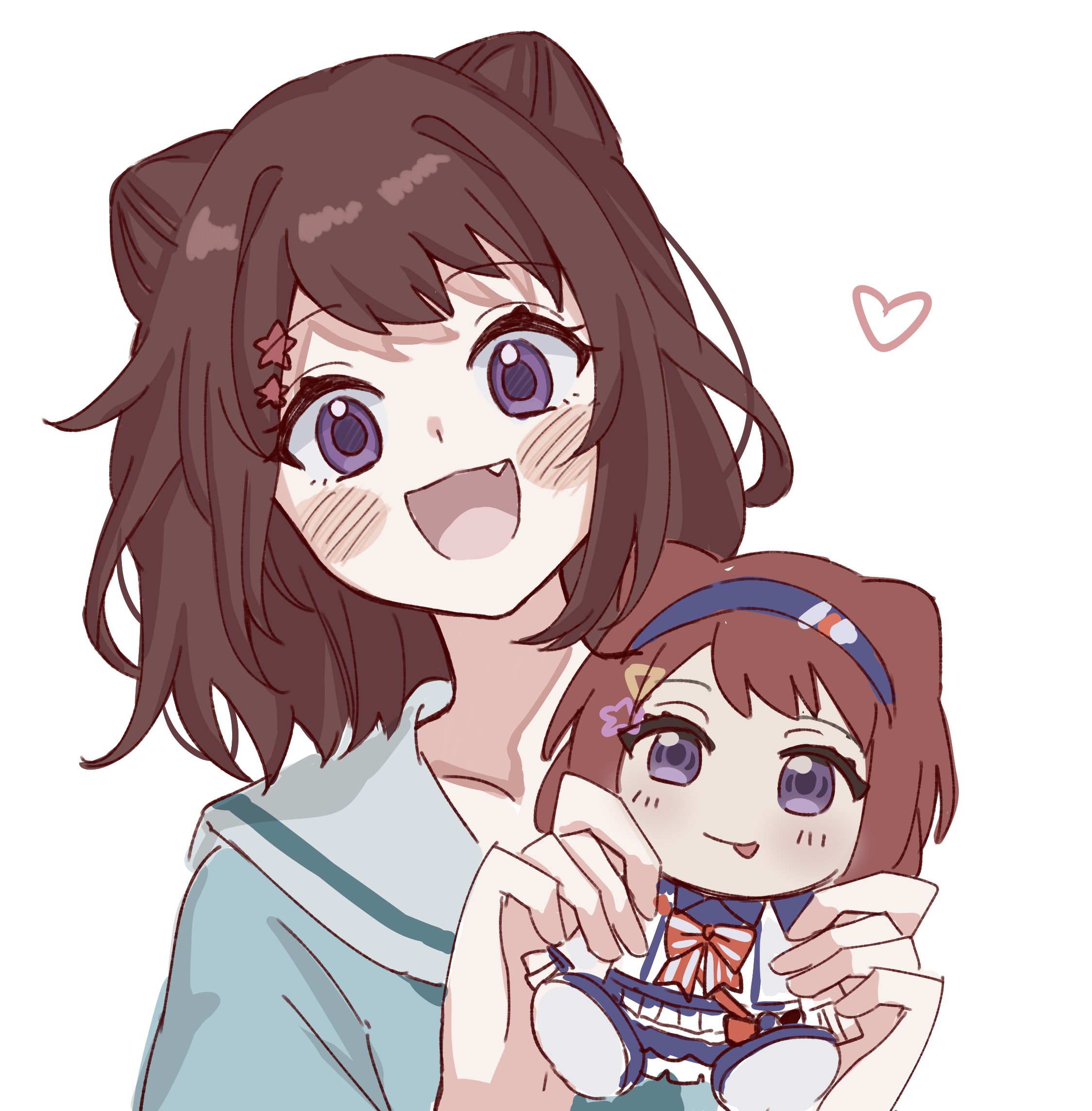 toyama kasumi, bang dream!, commentary, highres, 1girl, blue shirt, blush, brown hair, character doll, cone hair bun, doll, fang, hair bun, hair ornament, hanasakigawa school uniform, heart, jiumi, medium hair, open mouth, purple eyes, sailor collar, school uniform, serafuku, shirt, simple background, solo, star (symbol), star hair ornament, upper body, white background, white sailor collar