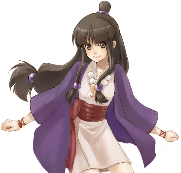 yuuryuu nagare, maya fey, ace attorney, capcom, silver hair, 1girl, ahoge, beads, black hair, bracelet, coat, female focus, half updo, japanese clothes, jewelry, long hair, low-tied long hair, magatama, necklace, outstretched arms, ponytail, prayer beads, simple background, smile, solo, spread arms, trench coat, very long hair, white background