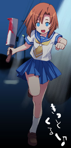 takenashi eri, ryuuguu rena, higurashi no naku koro ni, 00s, 1girl, :d, billhook, blood, blue eyes, brown hair, crazy eyes, empty eyes, female focus, flat chest, hashitsuki nata, hatchet, lamppost, leg up, legs, loafers, musical note, nata (tool), night, night sky, open mouth, outdoors, power lines, quaver, road, running, school uniform, serafuku, shoes, short hair, skirt, sky, smile, socks, solo, street, utility pole, weapon
