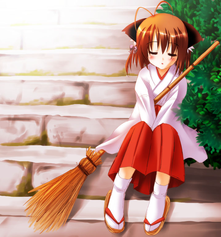 otoki raku, original, resized, 1girl, ahoge, animal ears, bamboo broom, broom, cat ears, female focus, hakama, hakama skirt, japanese clothes, miko, red hakama, sandals, sitting, skirt, sleepy, solo, tabi, zouri