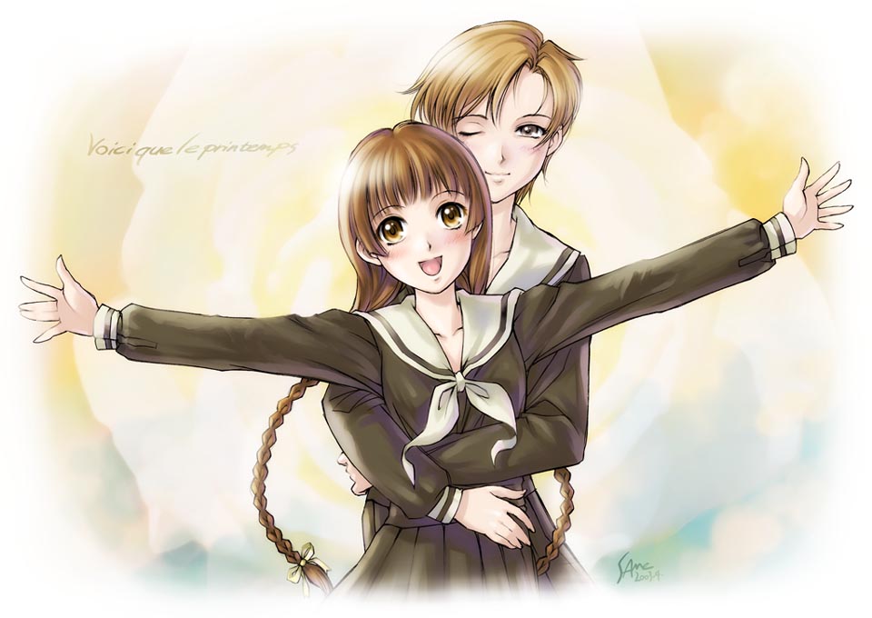 sameha ikuya, hasekura rei, shimazu yoshino, maria-sama ga miteru, 00s, 2girls, :d, blonde hair, braid, brown eyes, brown hair, french text, green serafuku, hime cut, hug, hug from behind, long hair, long sleeves, multiple girls, one eye closed, open mouth, outstretched arms, school uniform, serafuku, short hair, signature, smile, spread arms, twin braids, yellow eyes, yuri