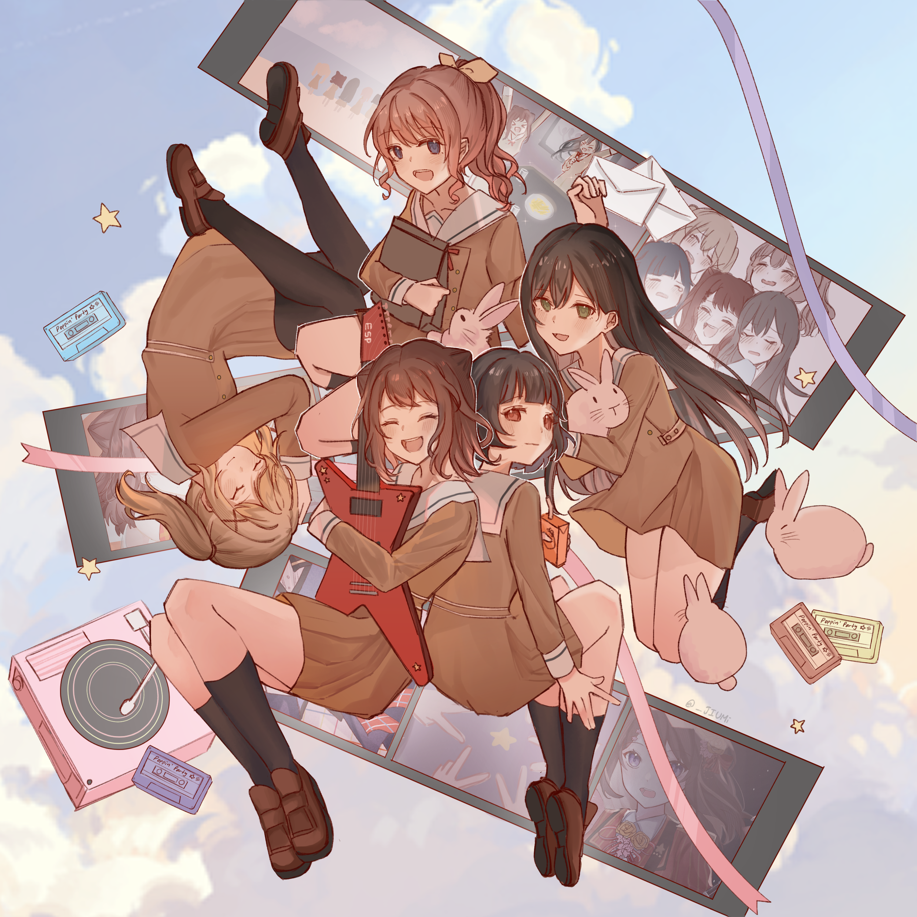 hanazono tae, ichigaya arisa, toyama kasumi, ushigome rimi, yamabuki saya, bang dream!, absurdres, commentary request, highres, 5girls, black hair, black pantyhose, black socks, blonde hair, blue eyes, brown dress, brown hair, brown shoes, cassette tape, closed eyes, closed mouth, cone hair bun, dress, green eyes, hair bun, hair ornament, hanasakigawa school uniform, holding carton, hugging object, jiumi, kneehighs, loafers, long sleeves, medium hair, multiple girls, open mouth, pantyhose, phonograph, poppin'party, rabbit, red eyes, sailor collar, sailor dress, school uniform, shoes, short hair, socks, teeth, twintails, upper teeth only, white sailor collar, x hair ornament