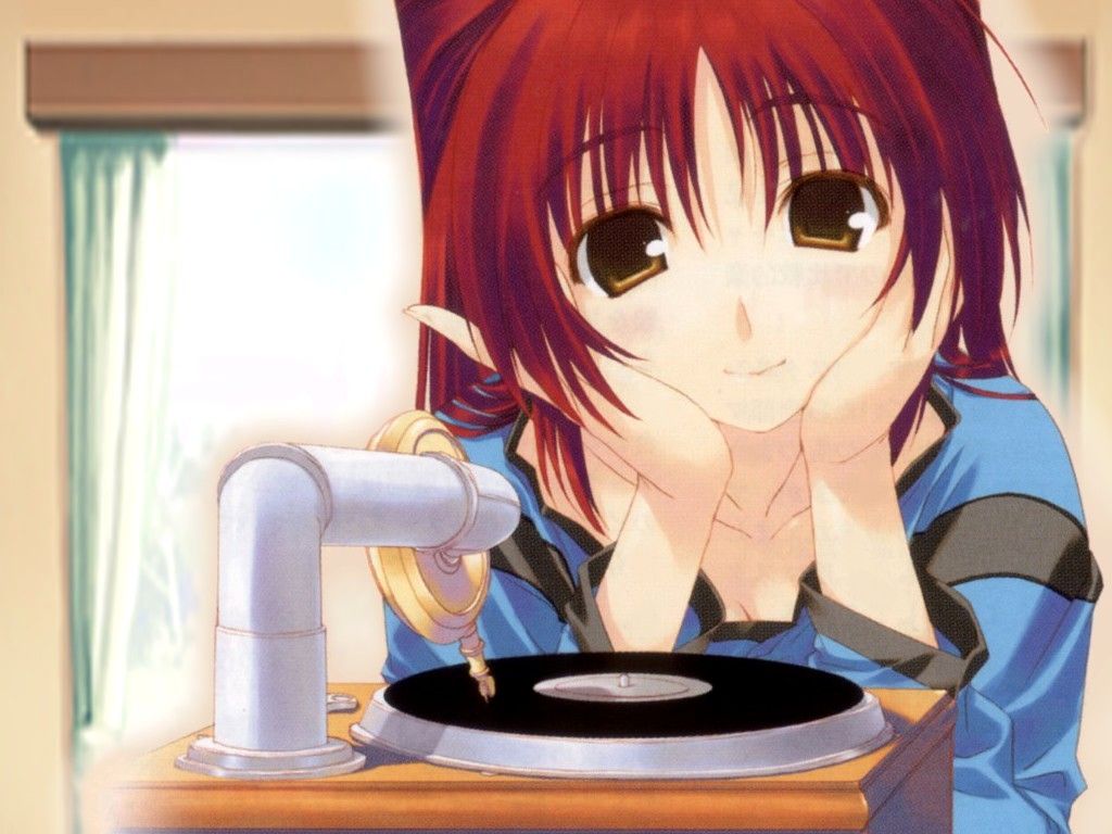 amazuyu tatsuki, kousaka tamaki, to heart (series), to heart 2, scan, scan artifacts, 00s, brown eyes, phonograph, red hair, solo