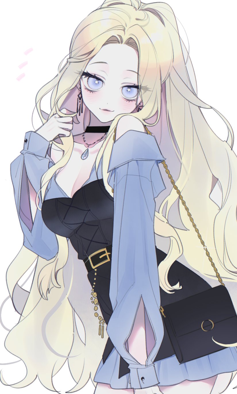 highres, bag, blonde hair, blue eyes, blush, bluv d, breasts, chain, choker, cleavage, cowboy shot, earrings, handbag, jacket, jewelry, long hair, long sleeves, looking at viewer, necklace, skirt, solo, striped background, very long hair
