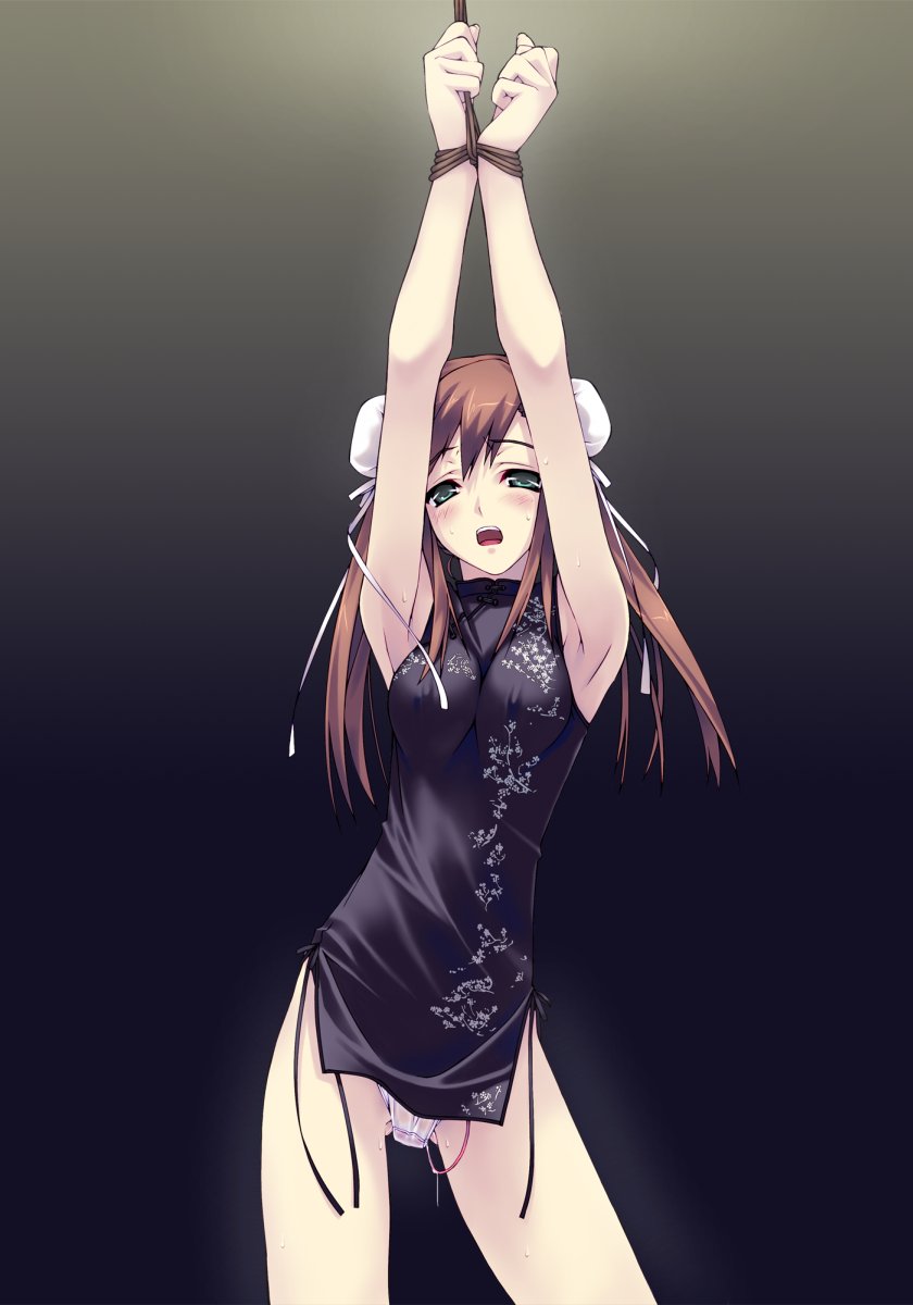 murakami suigun, f-ism, original, highres, 1girl, arms up, bdsm, bondage, bound, bound wrists, brown hair, bun cover, china dress, chinese clothes, dildo, dildo under clothes, dildo under panties, double bun, dress, female focus, green eyes, hair bun, long hair, panties, pantyshot, sex toy, short dress, solo, underwear, vibrator, vibrator under clothes, vibrator under panties, white panties