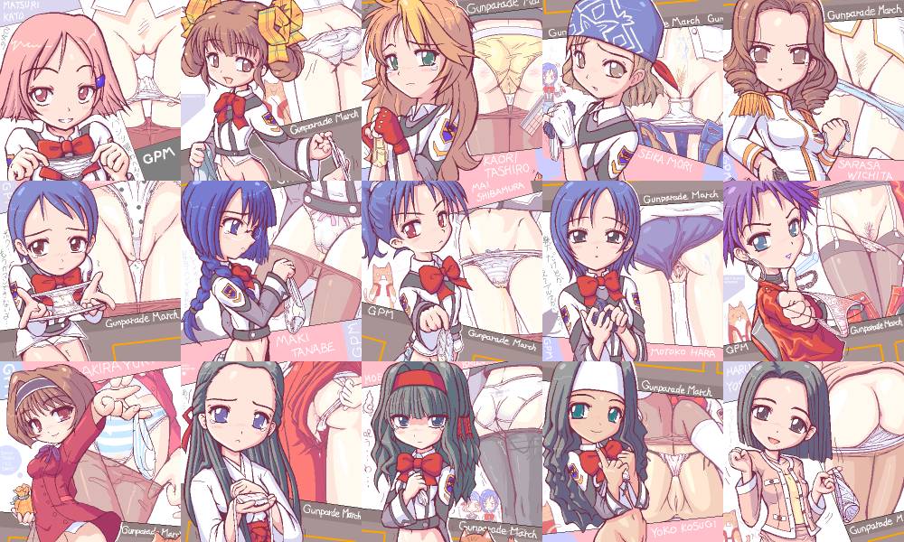 araigi yumi, buuta (gunparade march), hara motoko, higashihara nonomi, honda setsuko, ishizu moe, katou matsuri, kosugi youko, mibuya mio, mibya mio, mori seika, sarasa wichita, shibamura mai, tanabe maki, tashiro kaori, yoshino haruka, gunparade march, 00s, 6+girls, bottomless, buruma, crotch seam, dark-skinned female, dark skin, everyone, female pubic hair, glasses, gym uniform, japanese clothes, lingerie, miko, multiple girls, oekaki, panties, panties under pantyhose, panty pull, pantyhose, pubic hair, pussy, pussy juice, side-tie panties, striped clothes, striped panties, thighhighs, uncensored, underwear