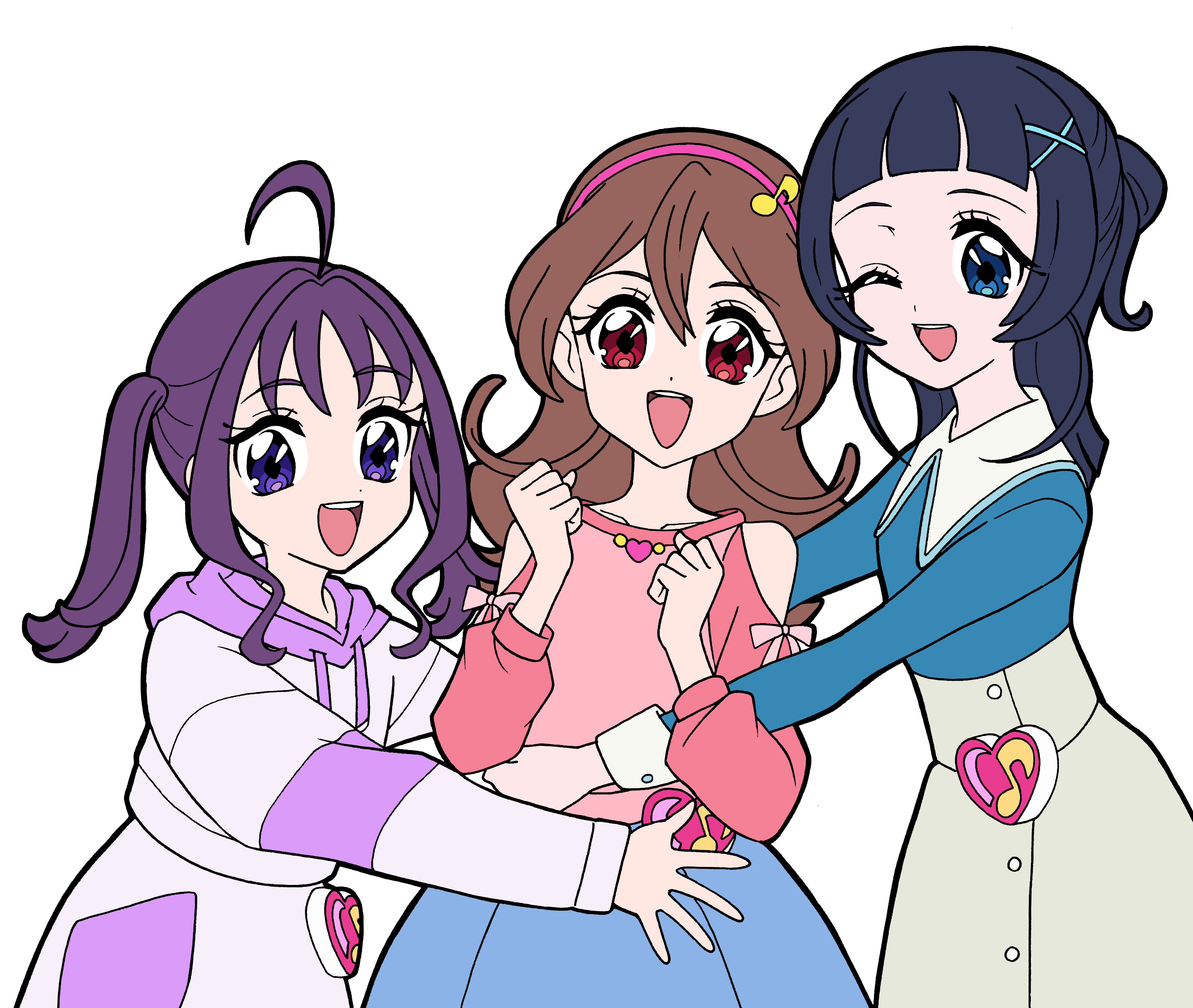 masami 01st, aokaze nana, sakura uta (precure), shigure kokoro, kimi to idol precure, precure, absurdres, commentary, highres, 3girls, :d, ;d, ahoge, bare shoulders, blue eyes, blue hair, blue shirt, blue skirt, brooch, brown hair, clenched hands, closed mouth, clothing cutout, collarbone, collared shirt, contrast collar, dot nose, double-parted bangs, drawstring, eighth note, fortissimo, grey skirt, hair between eyes, hair bun, hair intakes, hair ornament, hairband, hand on own hip, hands on another's waist, hands up, heart, heart brooch, high-waist skirt, hood, hood down, hoodie, idol heart brooch, jewelry, long hair, long sleeves, looking at viewer, medium hair, multiple girls, musical note, musical note hair ornament, one eye closed, open hand, open mouth, outstretched arms, pink hairband, pink shirt, purple eyes, purple hair, purple hoodie, purple skirt, red eyes, shirt, shoulder cutout, side-by-side, simple background, single hair bun, skirt, sleeve cuffs, smile, spread fingers, teeth, twintails, upper body, upper teeth only, white background, white sleeve cuffs, x hair ornament