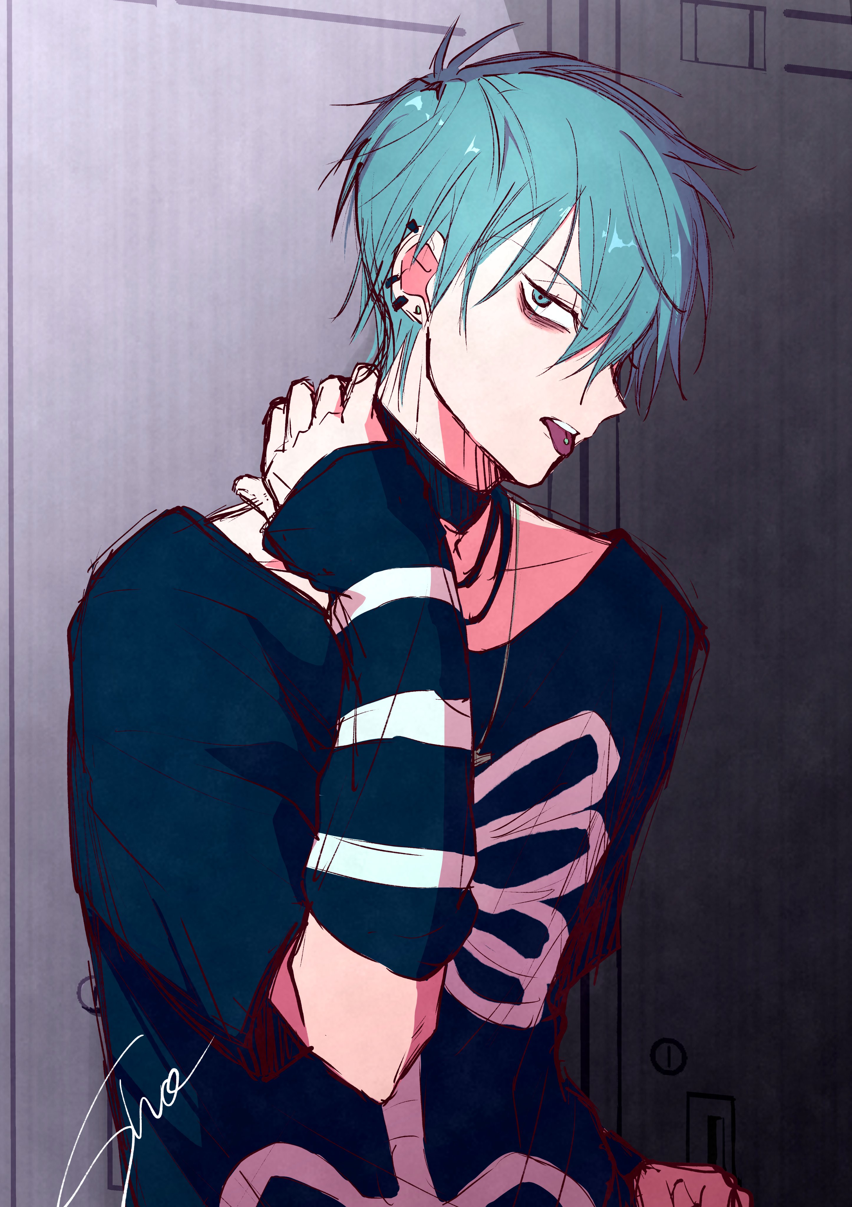 sho (shoootaya), till (alien stage), alien stage, absurdres, commentary, hashtag-only commentary, highres, 1boy, black choker, black shirt, choker, ear piercing, earrings, green eyes, grey hair, hand on own neck, jewelry, locker, male focus, piercing, shirt, short hair, signature, skeleton print, solo, striped arm warmers, tongue, tongue out, tongue piercing, very short hair