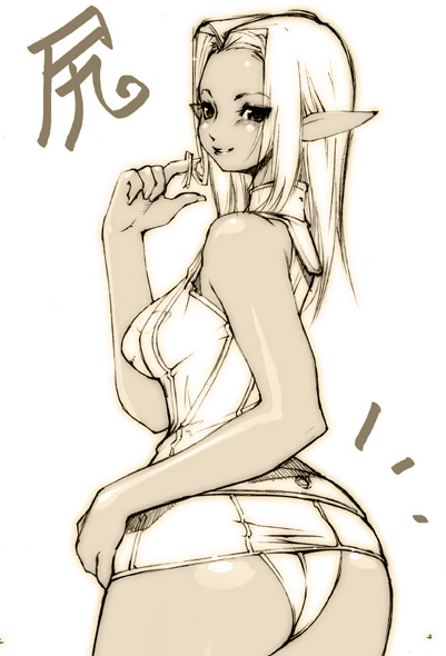 elvaan, final fantasy, final fantasy xi, artist request, 00s, 1girl, ass, back, blonde hair, dress, elf, female focus, looking back, monochrome, panties, pantyshot, pointy ears, short dress, solo, standing, underwear