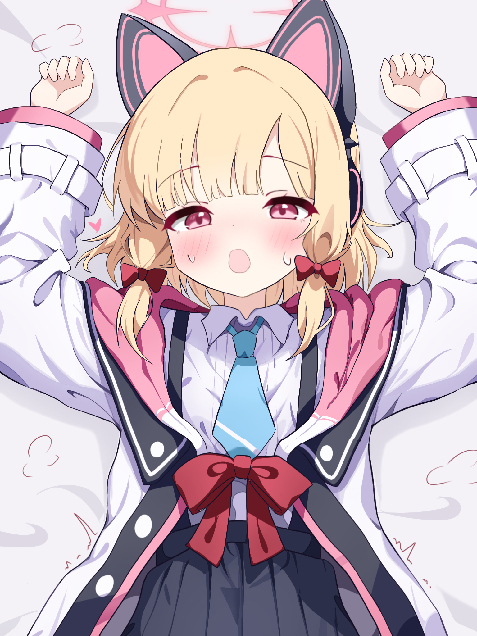 cardcat 00, momoi (blue archive), blue archive, highres, revision, 1girl, animal ear headphones, animal ears, arms up, black skirt, blonde hair, blue necktie, blush, bow, cat ear headphones, cat ears, collared shirt, fake animal ears, hair bow, halo, headphones, jacket, long sleeves, looking at viewer, low-tied sidelocks, lying, necktie, on back, open mouth, pink eyes, pink halo, pleated skirt, red bow, shirt, short hair, short necktie, sidelocks, skirt, solo, suspender skirt, suspenders, white jacket, white shirt