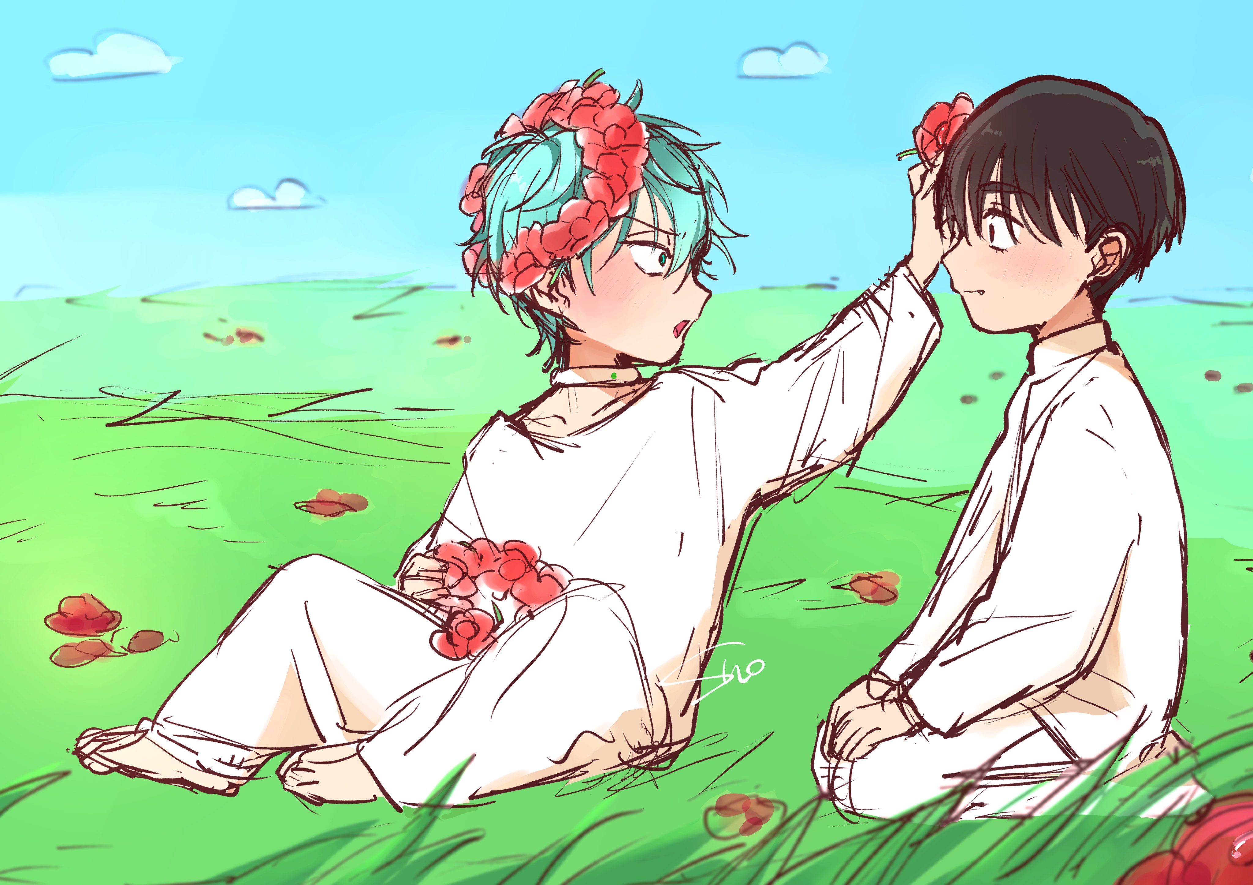 sho (shoootaya), ivan (alien stage), till (alien stage), alien stage, absurdres, commentary request, highres, 2boys, barefoot, black eyes, blue sky, choker, cloud, flower, grass, green eyes, hair flower, hair ornament, head wreath, kneeling, male focus, multiple boys, on grass, open mouth, pants, red flower, shirt, signature, sitting, sky, white choker, white pants, white shirt