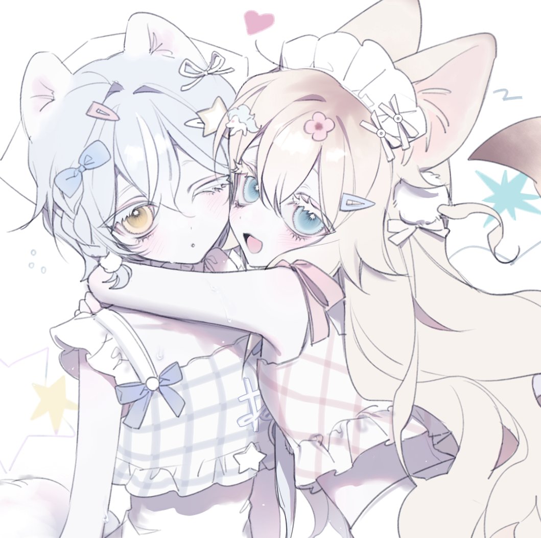 animal ear fluff, animal ears, blonde hair, blue eyes, blush, bluv d, bow, cat ears, dress, fox ears, fox tail, hair between eyes, hair bow, hair ornament, long hair, looking at viewer, one eye closed, open mouth, smile, star (symbol), tail, trap, very long hair, virtual youtuber, yellow eyes