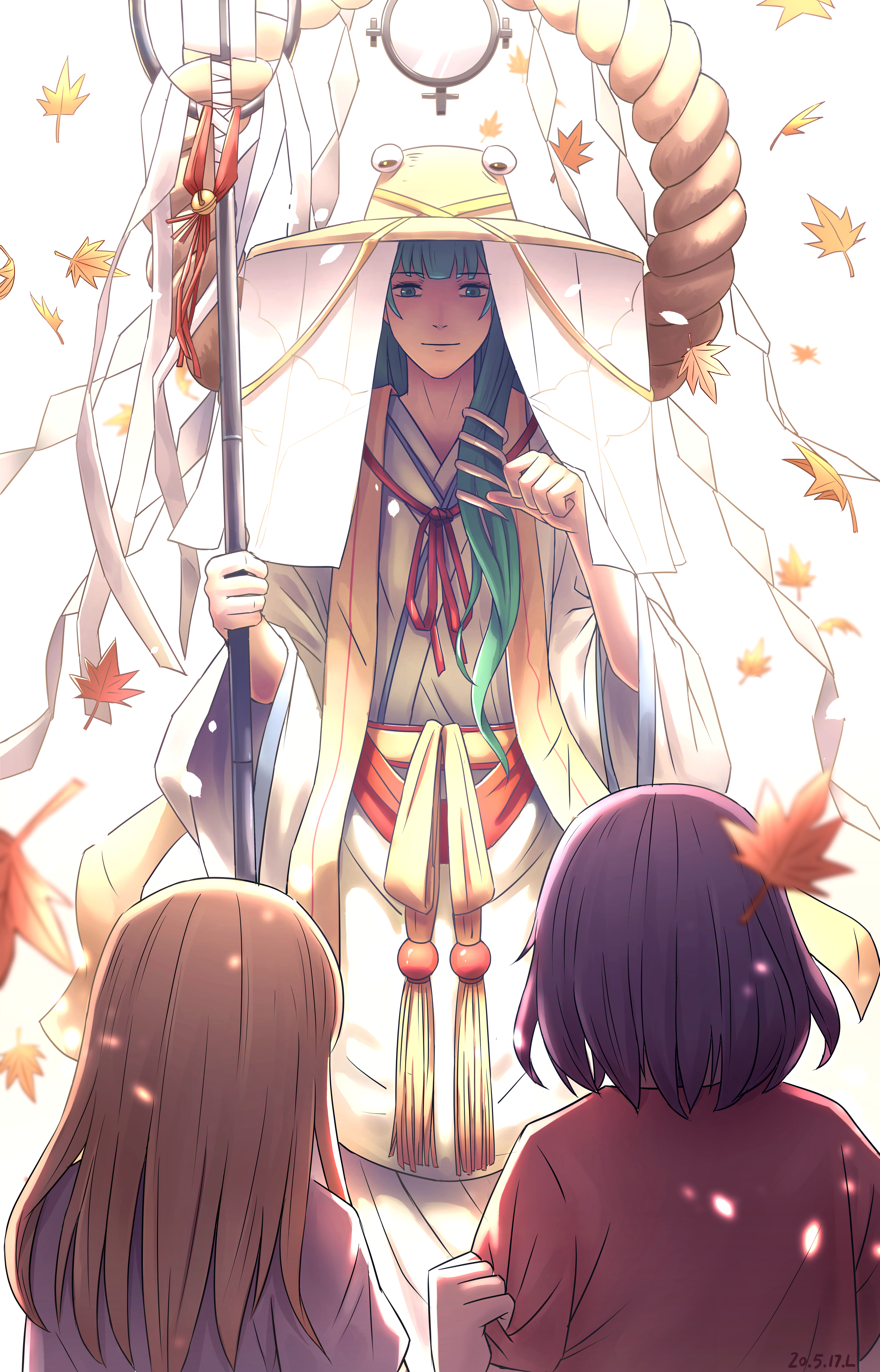 royl, kochiya sanae, moriya suwako, pyonta, yasaka kanako, touhou, absurdres, chinese commentary, commentary, highres, 3girls, aged up, autumn leaves, bell, blonde hair, blurry, bow, clenched hand, dated, depth of field, falling leaves, from behind, gohei, green hair, gripping clothes, hair ornament, holding, holding gohei, holding staff, leaf, light particles, light smile, long hair, long sleeves, maple leaf, mirror, multiple girls, purple hair, red bow, red shirt, ribbon, robe, rope, sash, shimenawa, shirt, short hair, snake hair ornament, staff, veil, white background, white ribbon, white robe, white shirt, wide sleeves, wind, yellow ribbon, yellow sash