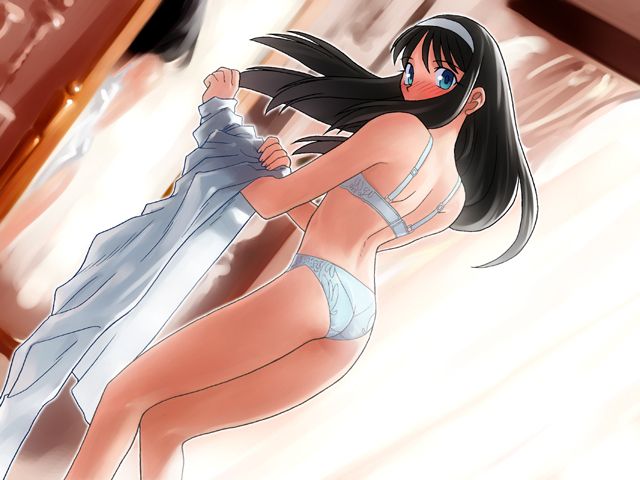 takeuchi takashi, tohno akiha, tsukihime, type-moon, game cg, 00s, 1girl, artistic error, ass, back, black hair, blue eyes, blush, bra, dressing, female focus, flat ass, hairband, lingerie, long hair, long legs, looking back, mirror, panties, solo, standing, striped blush, thighs, underwear, underwear only, white panties