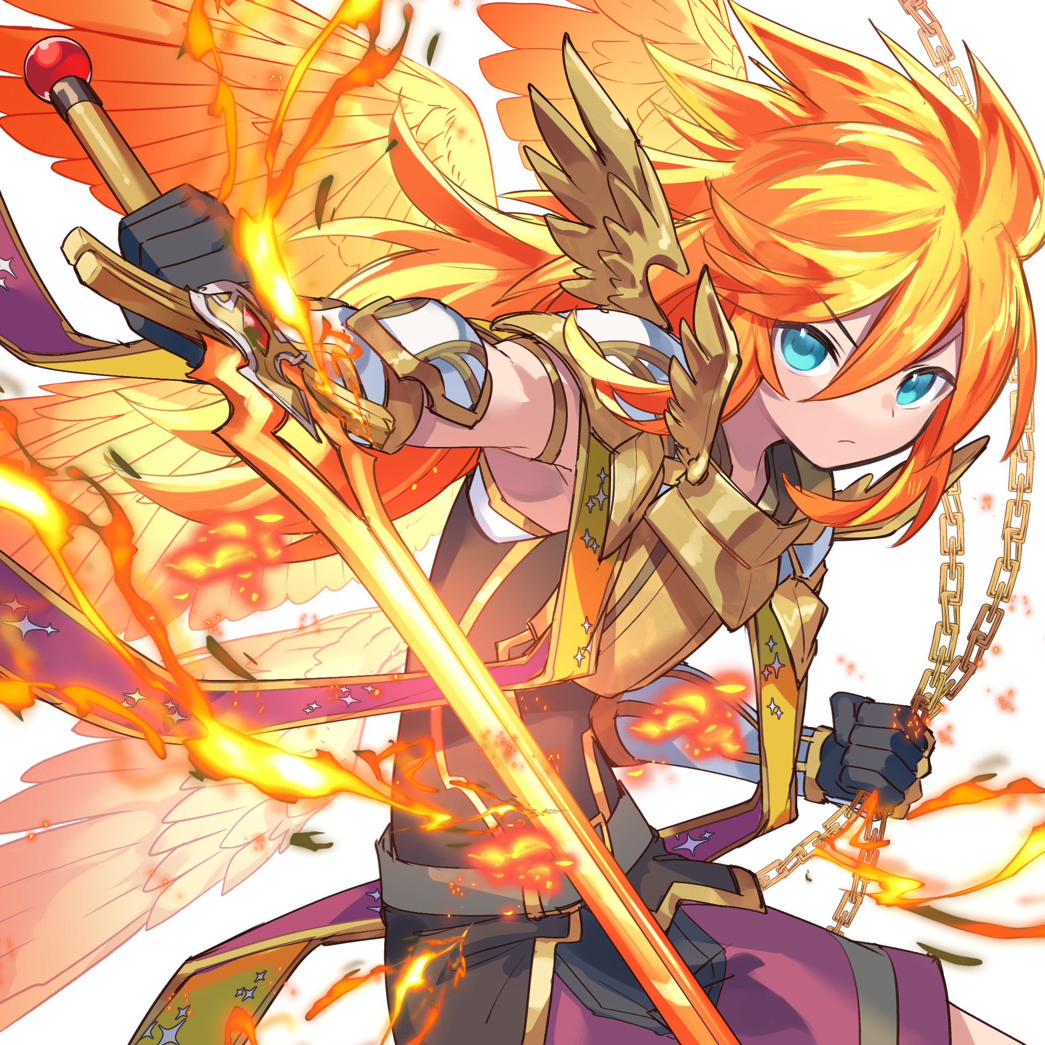 kuuron (moesann17), archangel uriel (p&d), puzzle & dragons, highres, 1boy, angel, angel wings, armor, blue eyes, chain, embers, feathered wings, fire, gauntlets, glowing, glowing sword, glowing weapon, long hair, male focus, orange hair, solo, sword, weapon, wings