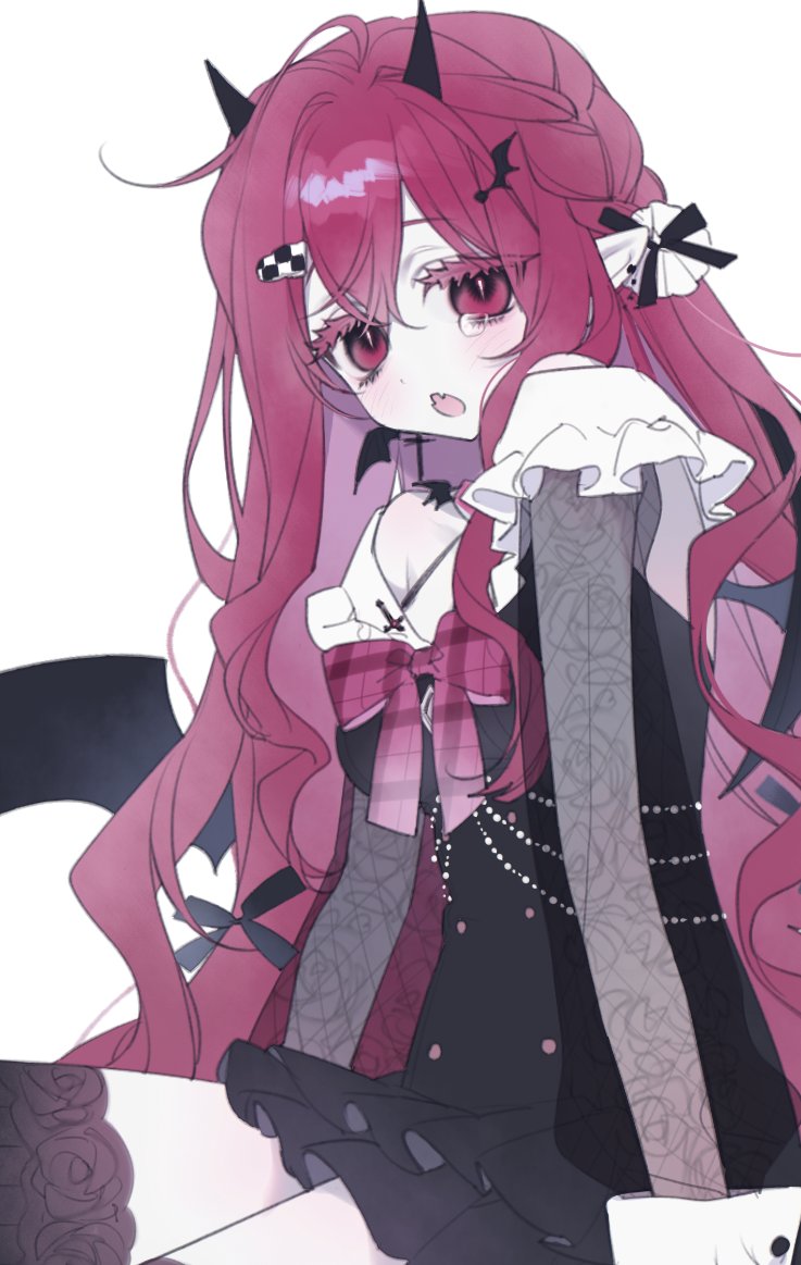 1girl, bluv d, bow, demon wings, dress, fang, frills, hair between eyes, hair bow, hair ornament, hairclip, horns, long hair, long sleeves, looking at viewer, open mouth, red eyes, red hair, solo, wings