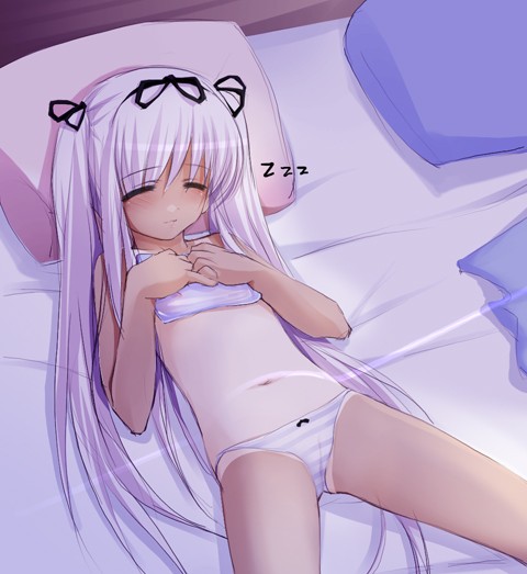 ooji, copyright request, 1girl, bow, bow panties, bra, female focus, lingerie, loli, one-piece tan, panties, sleeping, sleepy, solo, striped clothes, striped panties, tan, tanline, twintails, underwear, underwear only
