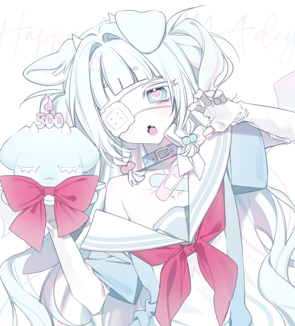 animal, blue eyes, blush, bluv d, bow, collar, eyepatch, gloves, heart, long hair, looking at viewer, open mouth, sailor collar, solo