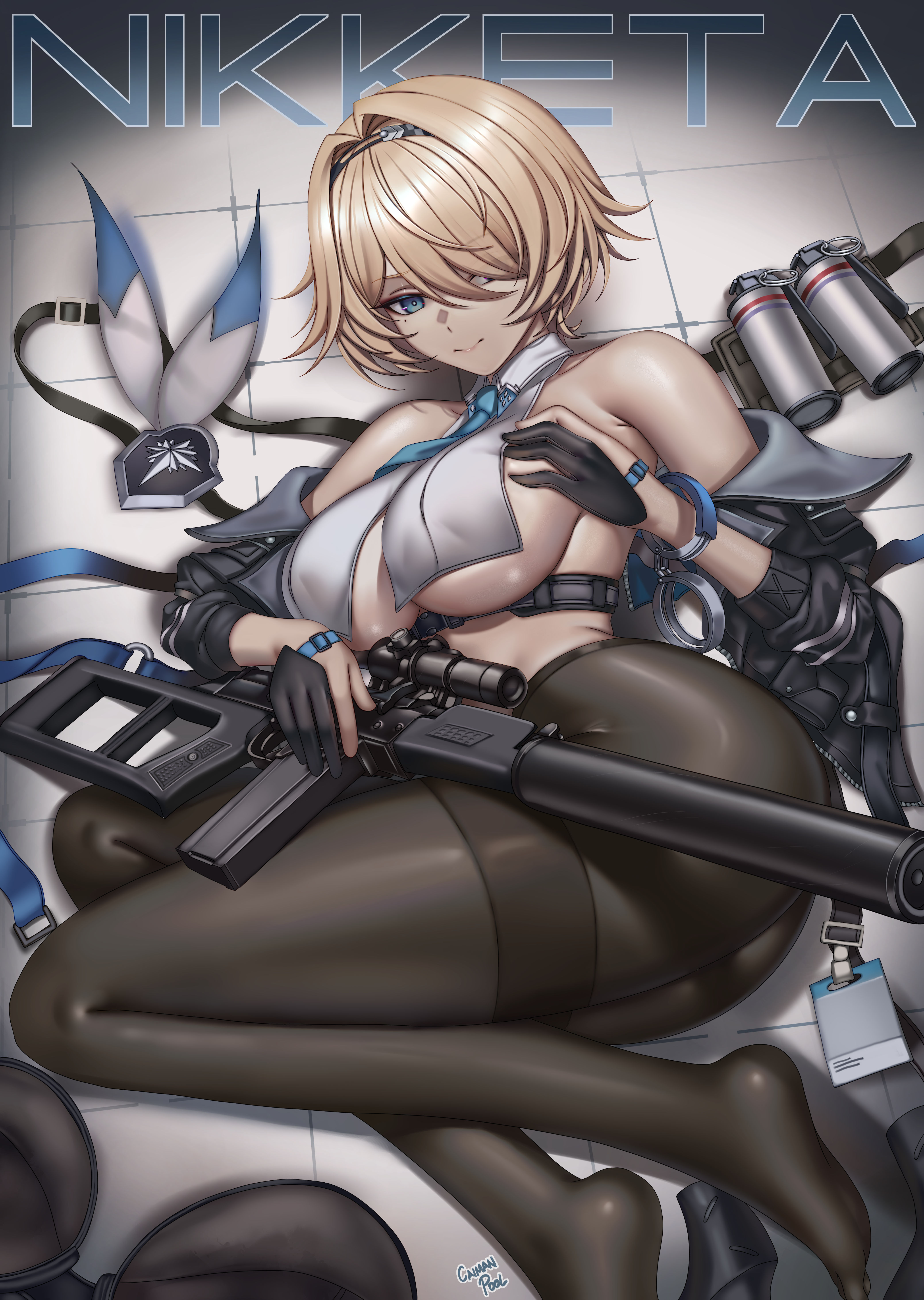 caiman pool, nikketa (girls' frontline 2), vsk-94 (girls' frontline), girls' frontline, girls' frontline 2: exilium, absurdres, commentary, highres, 1girl, black bra, black gloves, black jacket, black pantyhose, blonde hair, blue eyes, blue necktie, bra, breasts, character name, closed mouth, cuffs, explosive, full body, gloves, grenade, gun, hair intakes, hair over one eye, handcuffs, jacket, large breasts, looking at viewer, lying, mole, mole under eye, necktie, no shoes, on side, open clothes, open jacket, pantyhose, rifle, scope, shoes, short hair, sniper rifle, solo, suppressor, thighband pantyhose, tile floor, tiles, underwear, unworn bra, unworn shoes, vsk-94, weapon