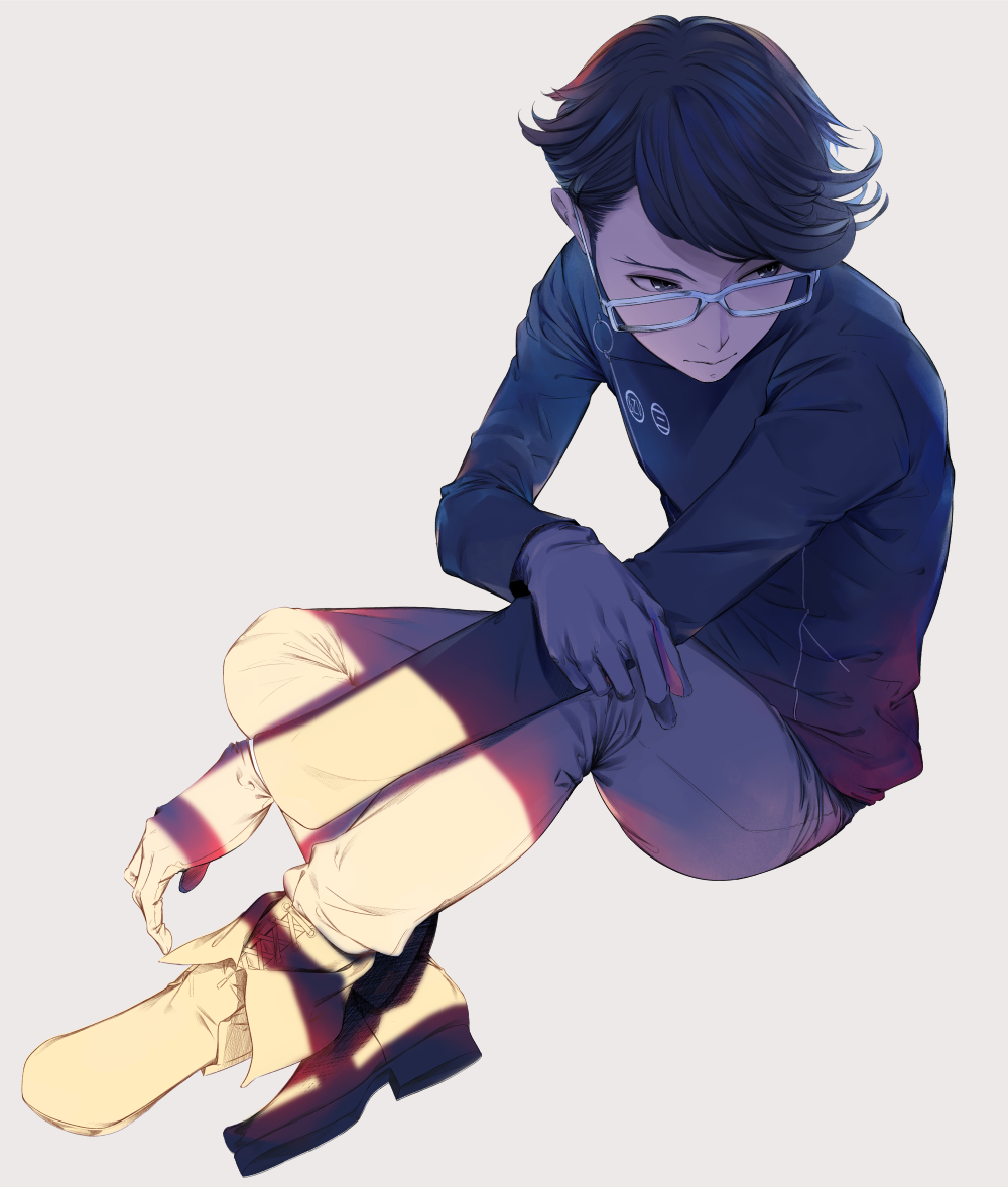 sousou (sousouworks), hashigami sarai, occultic;nine, science adventure, 1boy, boots, flipped hair, from above, full body, glasses, grey background, looking afar, looking to the side, male focus, school uniform, simple background, sitting, solo, white-framed eyewear
