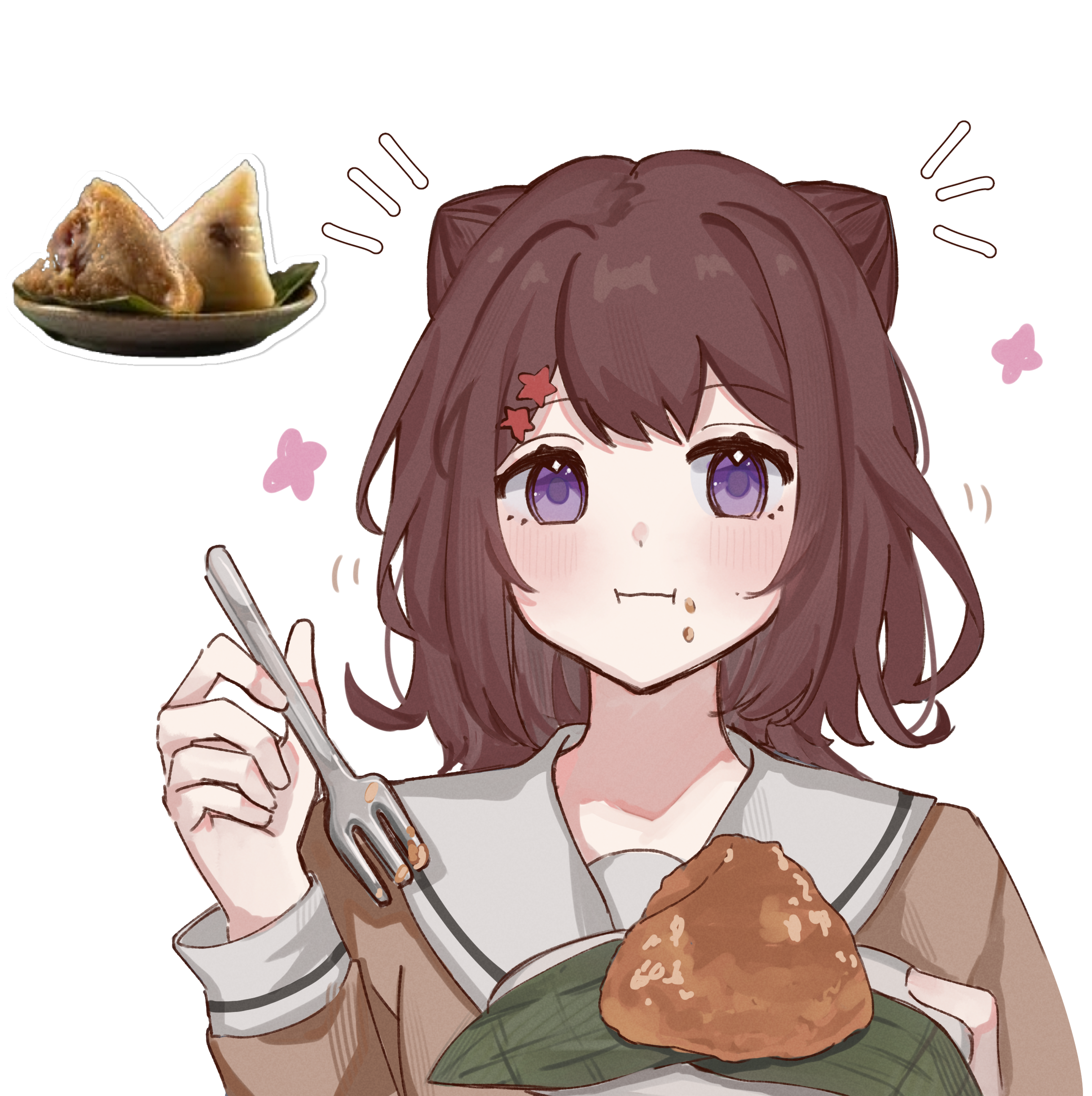 toyama kasumi, bang dream!, absurdres, commentary, highres, 1girl, brown hair, cone hair bun, eating, food, food on face, fork, hair bun, hair ornament, hanasakigawa school uniform, holding, holding fork, jiumi, long sleeves, medium hair, sailor collar, school uniform, simple background, solo, star (symbol), star hair ornament, upper body, white background, white sailor collar