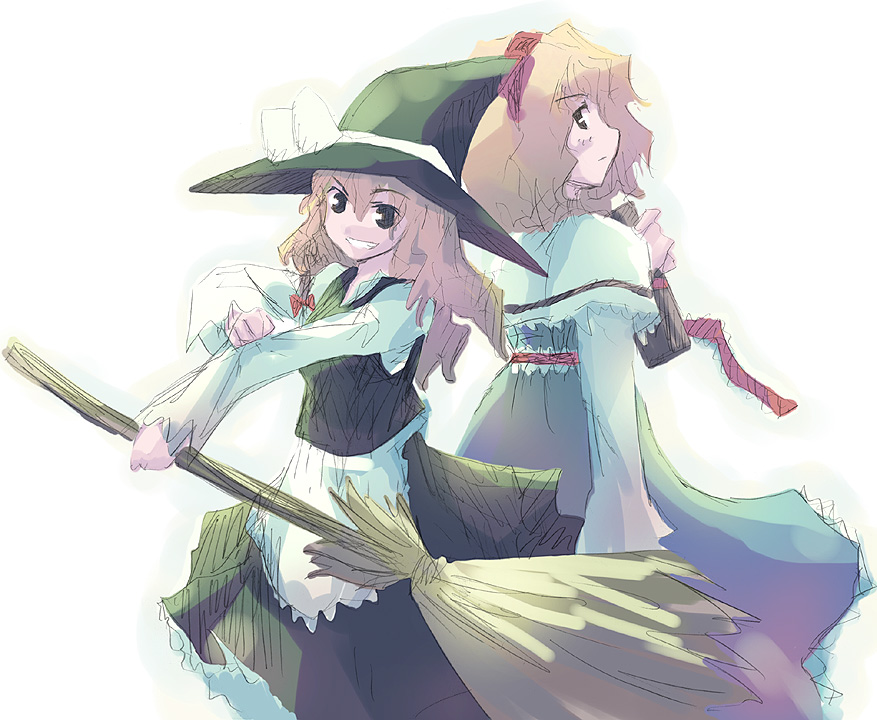 takanashi akihito, alice margatroid, kirisame marisa, touhou, 2girls, back-to-back, blonde hair, broom, female focus, grin, hairband, hat, multiple girls, simple background, sketch, smile, teeth, witch hat